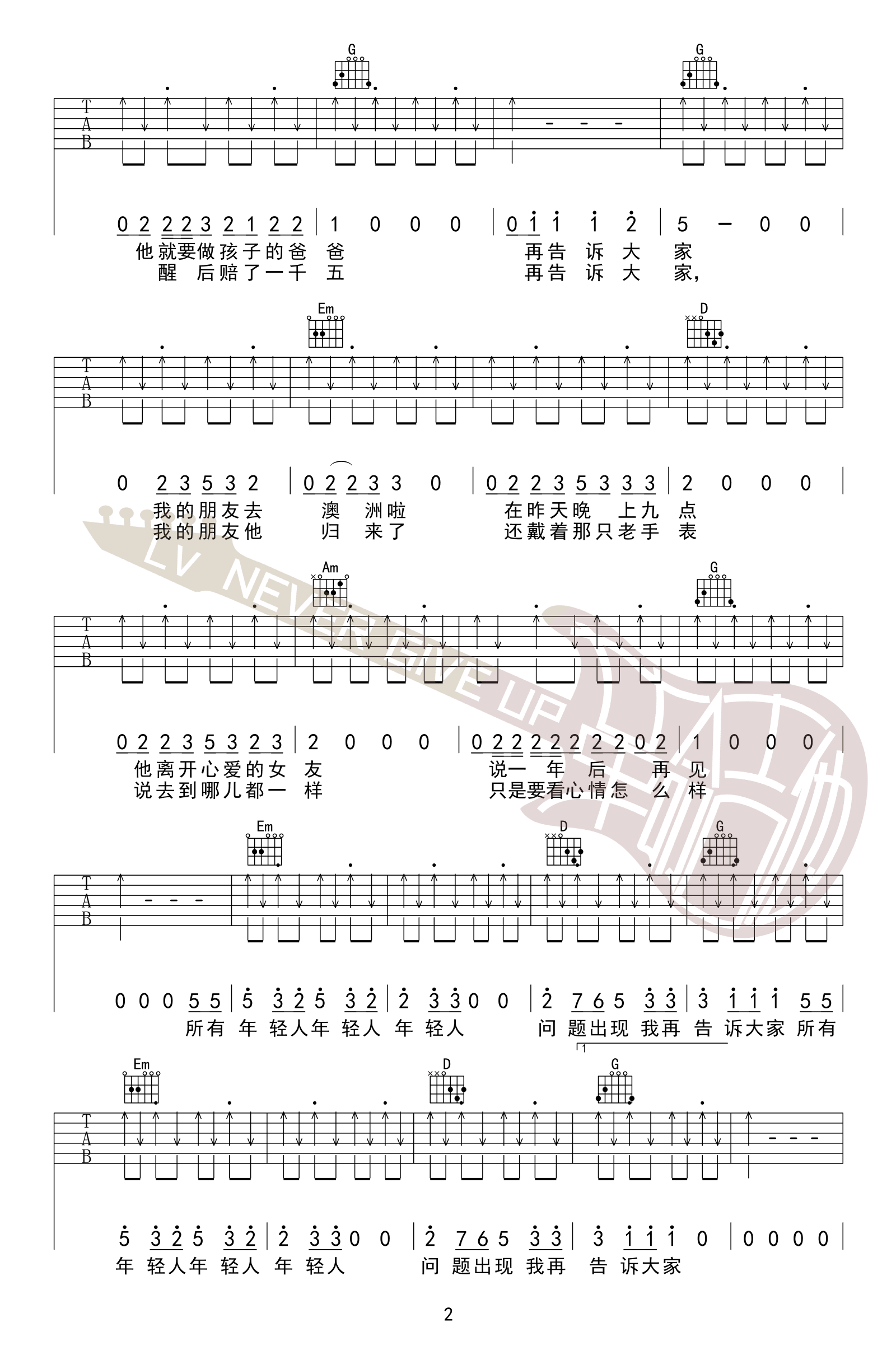《问题出现我再告诉大家吉他谱》_五条人_G调_吉他图片谱4张 图2