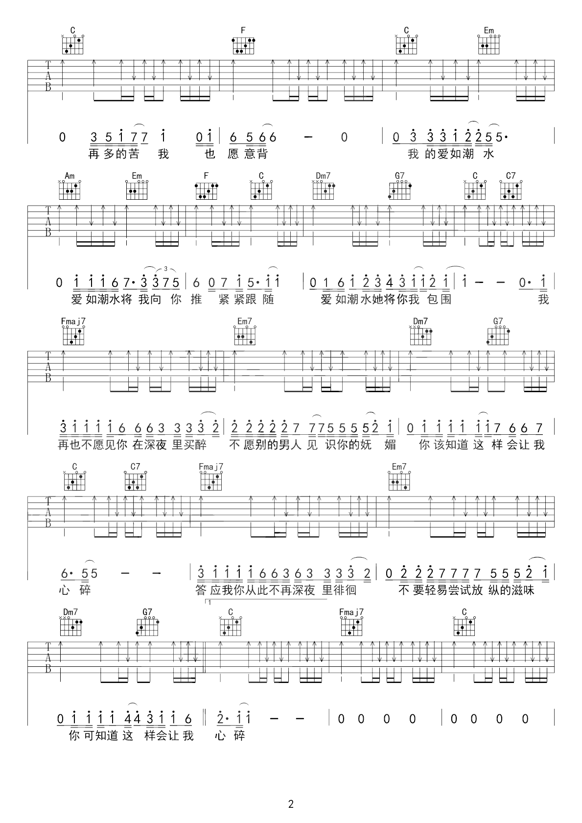 《爱如潮水吉他谱》_张信哲_扫弦谱_C调_吉他图片谱3张 图2