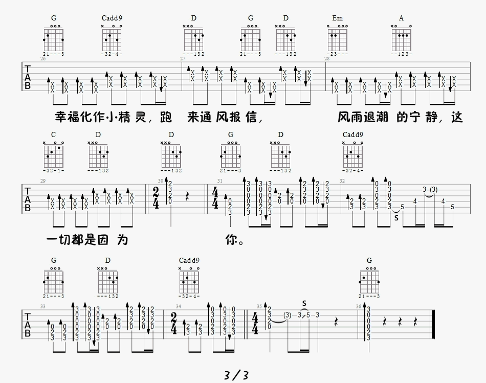 《小精灵吉他谱》_吴青峰_G调_吉他图片谱3张 图3