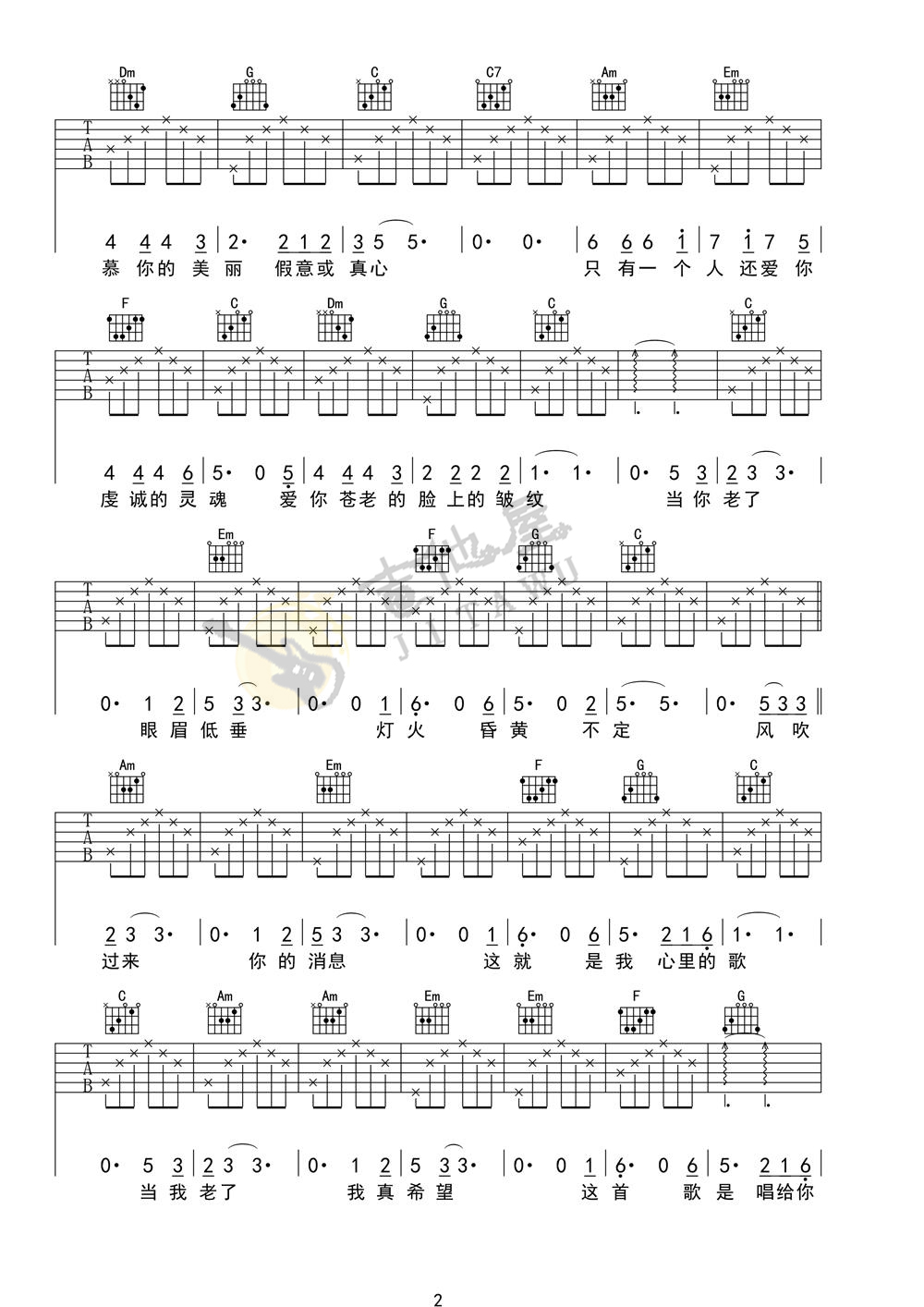 《当你老了吉他谱》_赵照_C调_吉他图片谱3张 图2