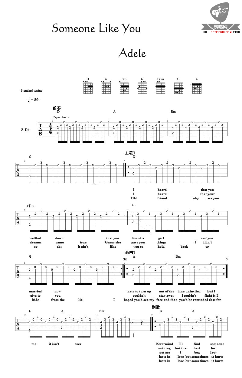 《Someone Like You吉他谱》_阿黛尔_D调_吉他图片谱2张 图1