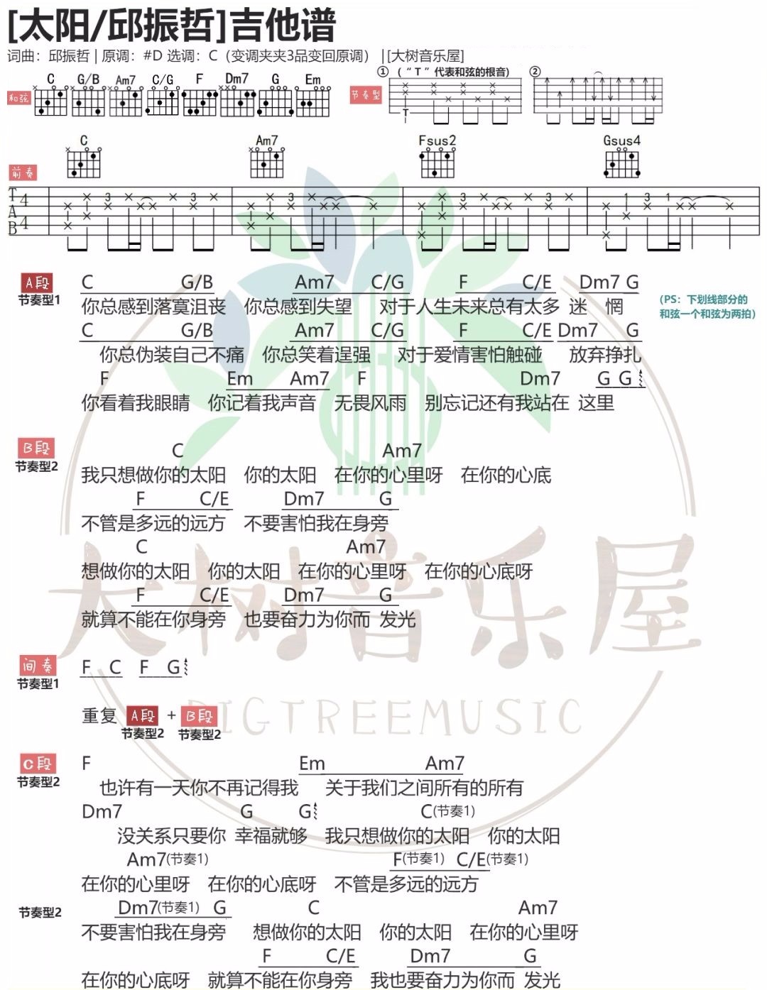 《太阳吉他谱》_邱振哲_C调_吉他图片谱1张 图1