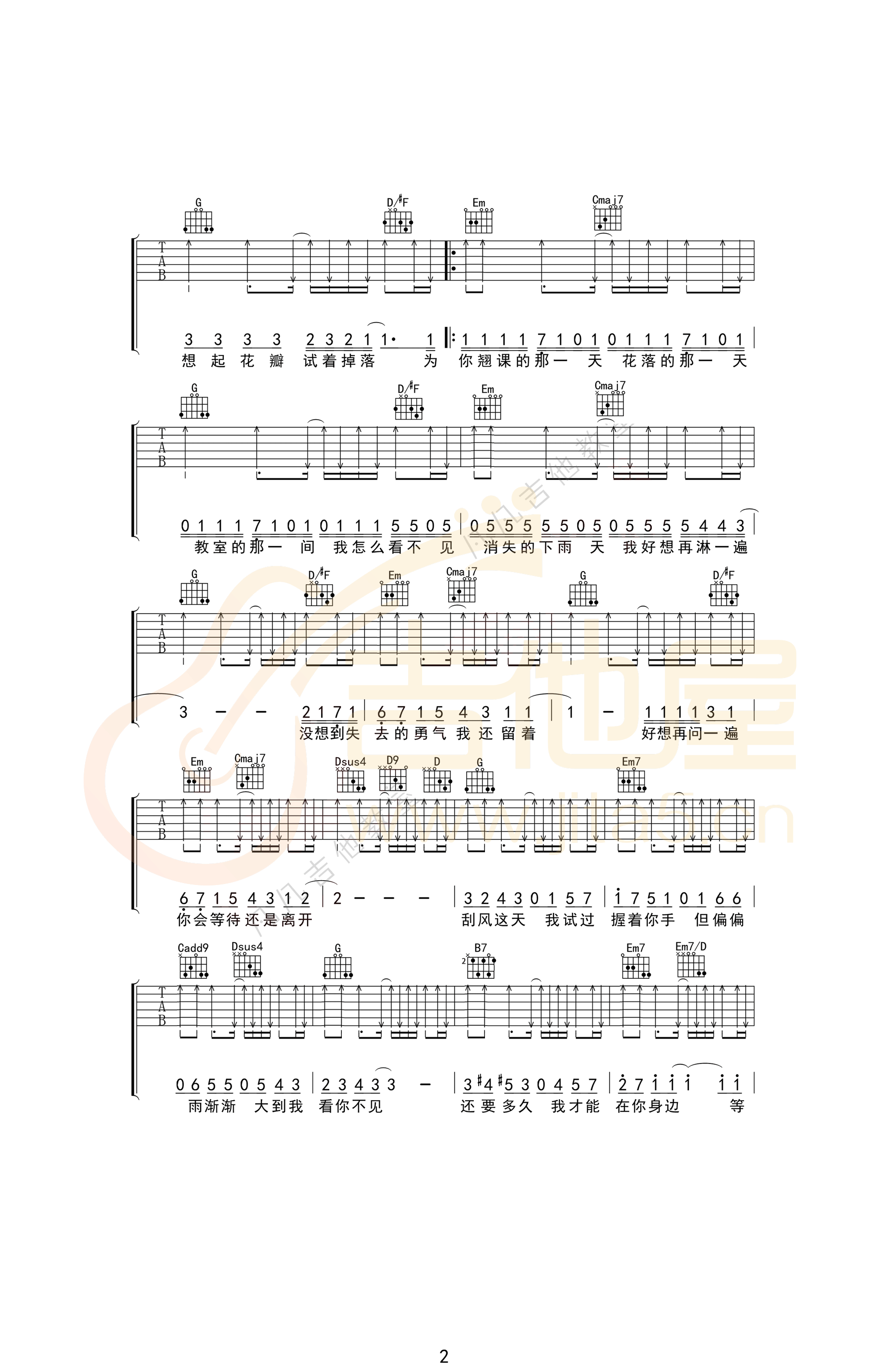 《晴天吉他谱》_周杰伦_G调_吉他图片谱3张 图2