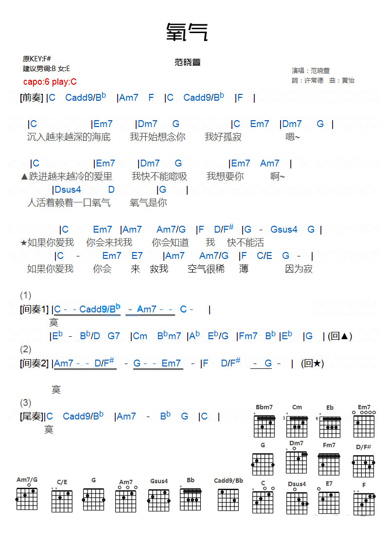 《氧气吉他谱》_范晓萱_C调_吉他图片谱1张 图1