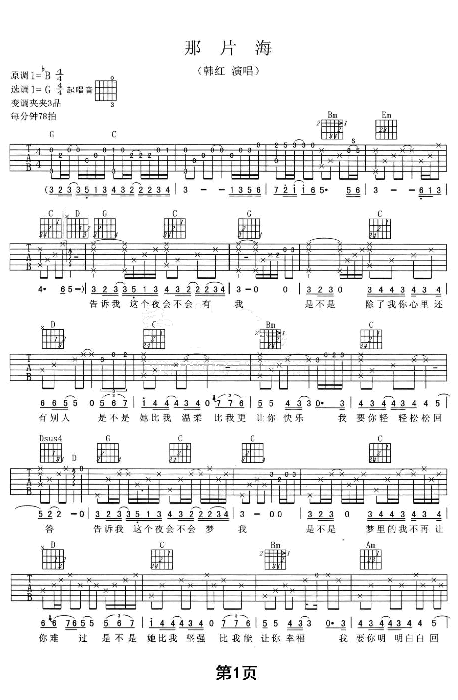 《那片海吉他谱》_韩红_G调_吉他图片谱3张 图1