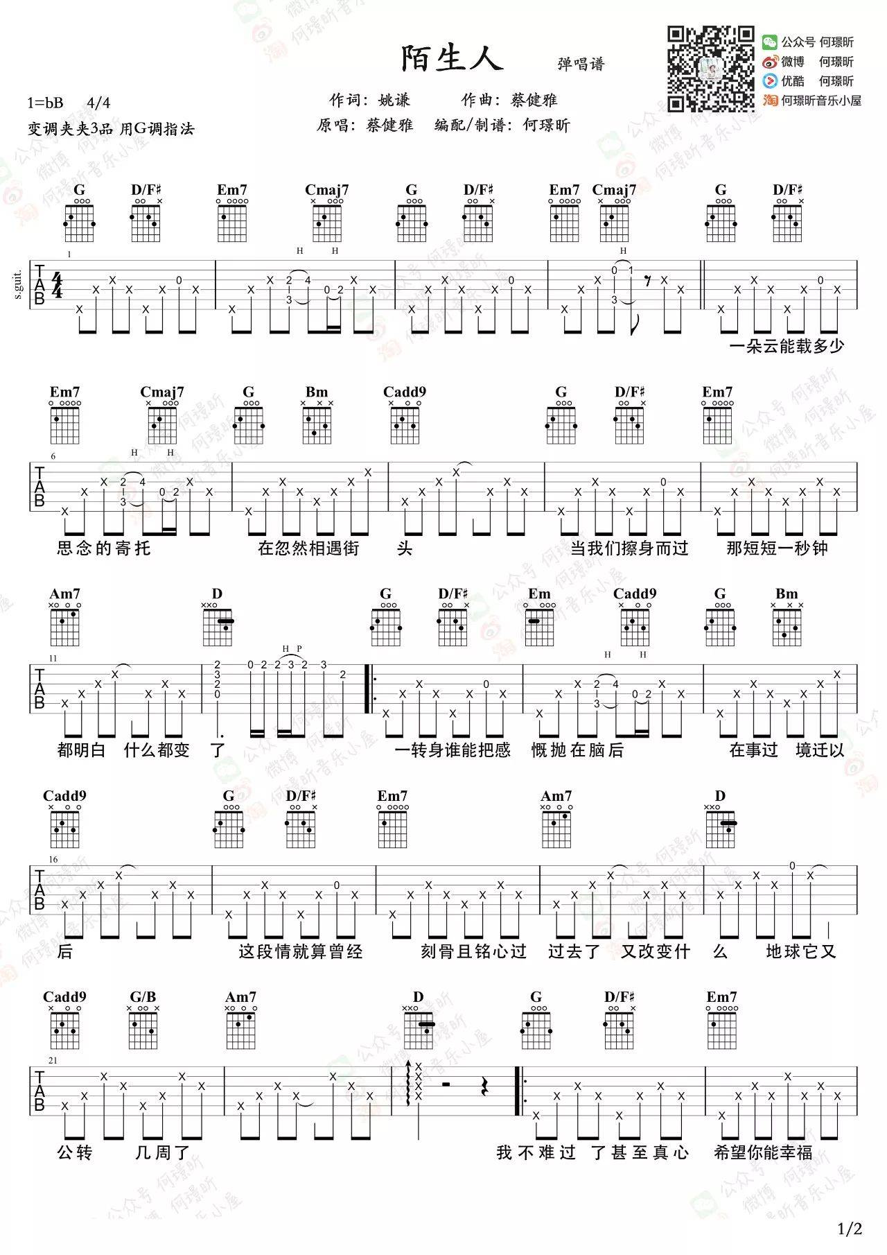 《陌生人吉他谱》_蔡健雅_G调_吉他图片谱2张 图1
