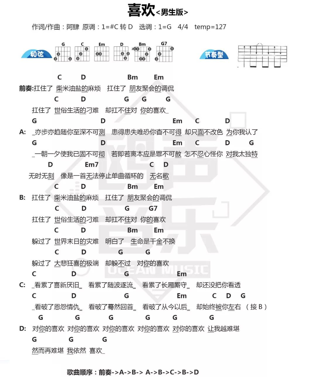 《喜欢吉他谱》_阿肆_G调_吉他图片谱1张 图1