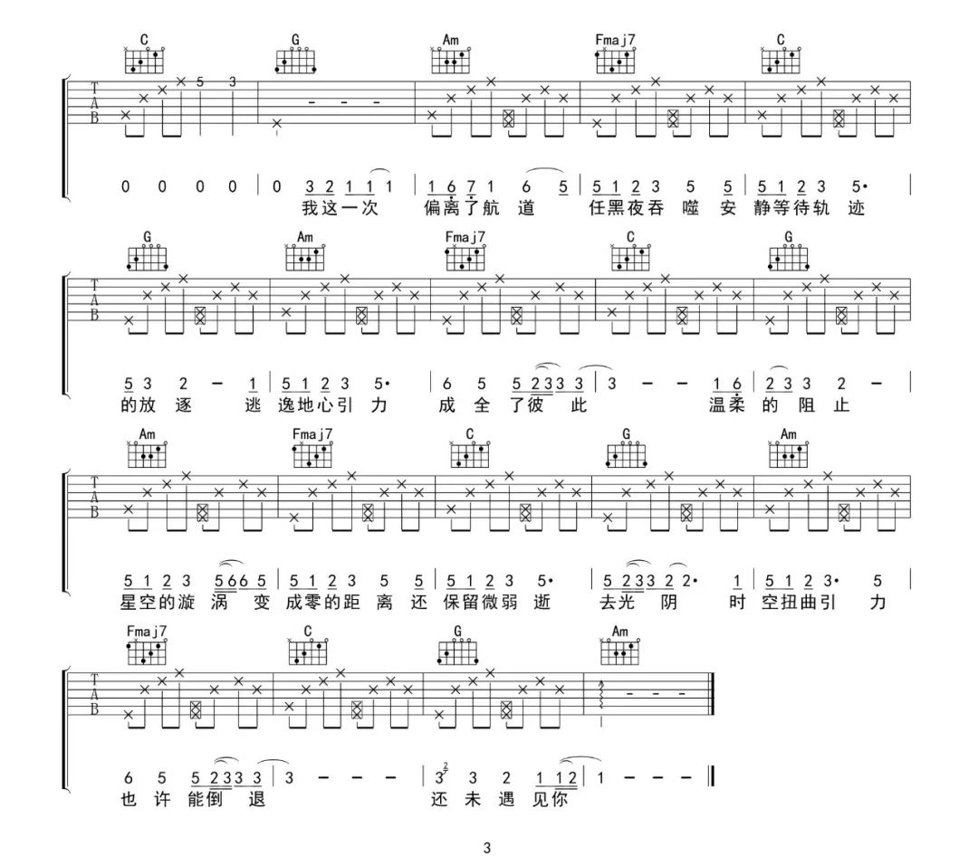 《坠落星空吉他谱》_小星星Aurora_C调_吉他图片谱3张 图3
