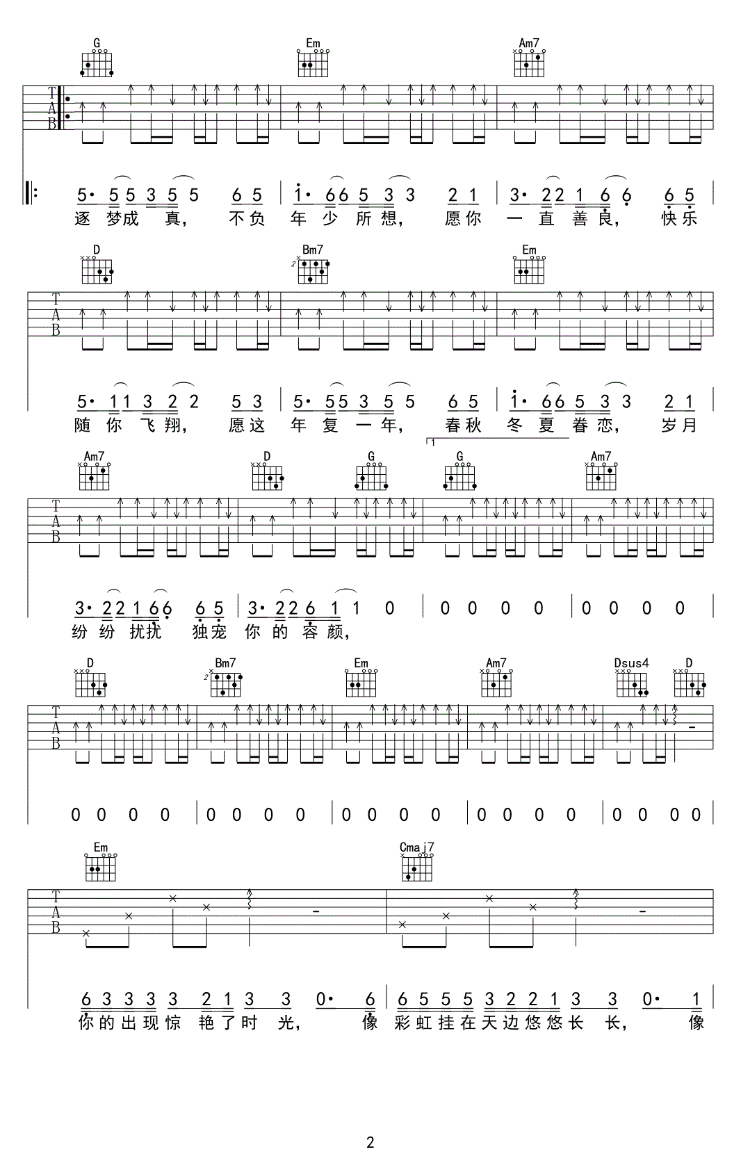 《愿你吉他谱》_刘艺佳_G调_吉他图片谱3张 图2