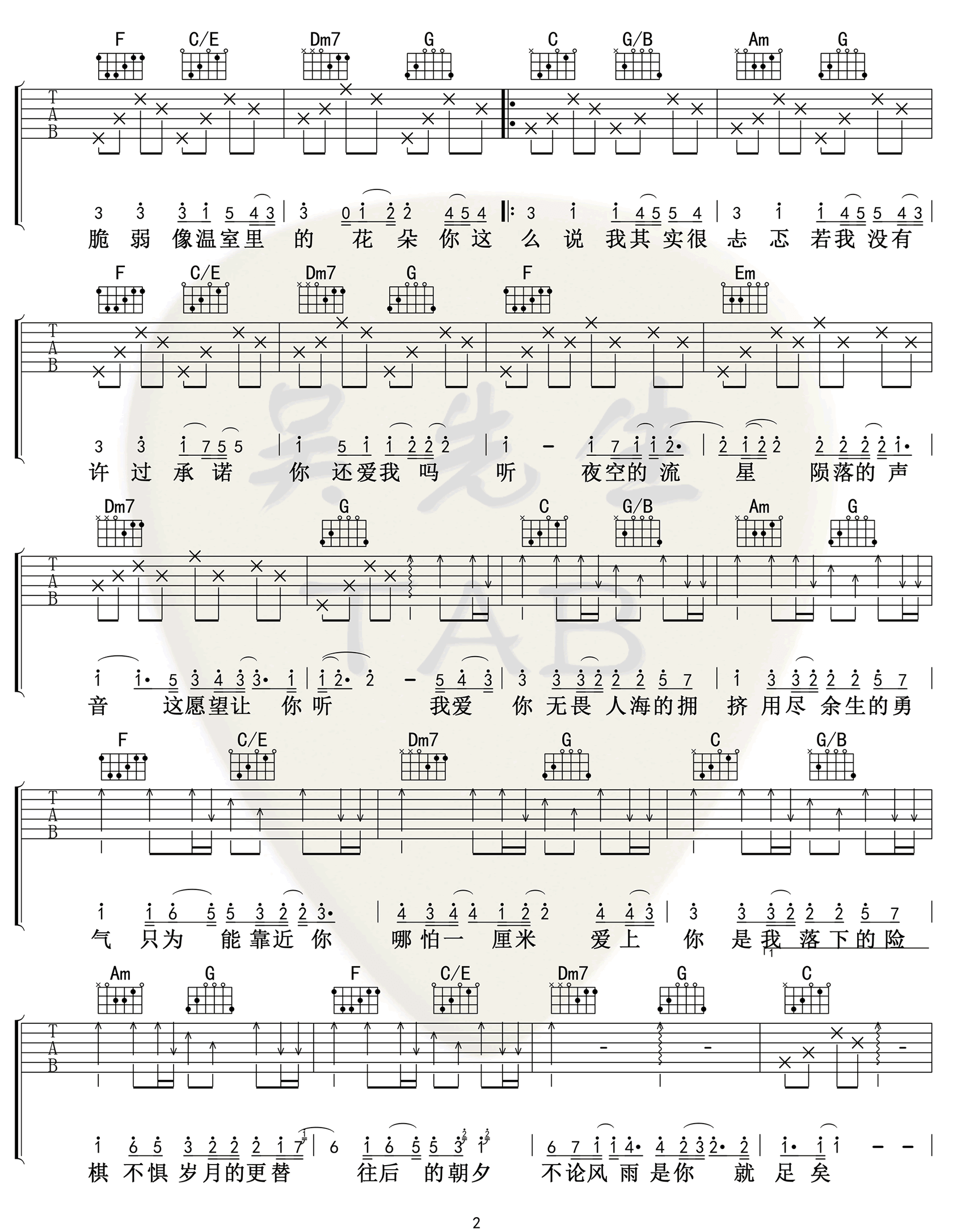 《勇气吉他谱》_棉子_C调_吉他图片谱3张 图2