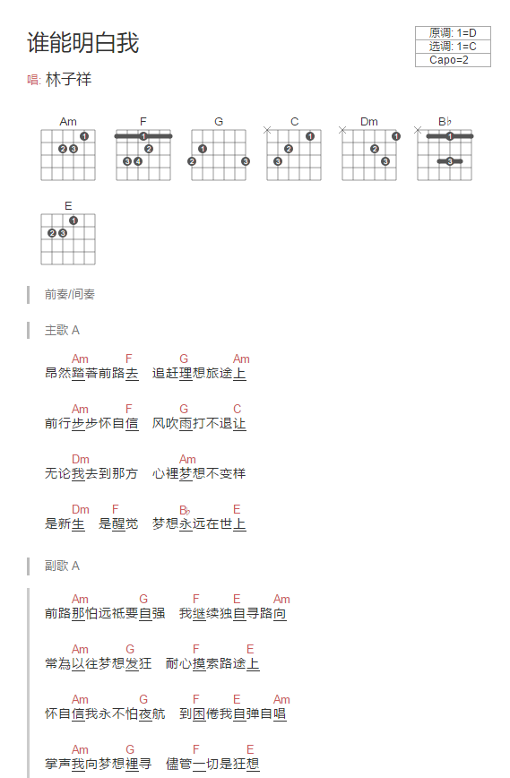 《谁能明白我吉他谱》_林子祥_C调_吉他图片谱2张 图1