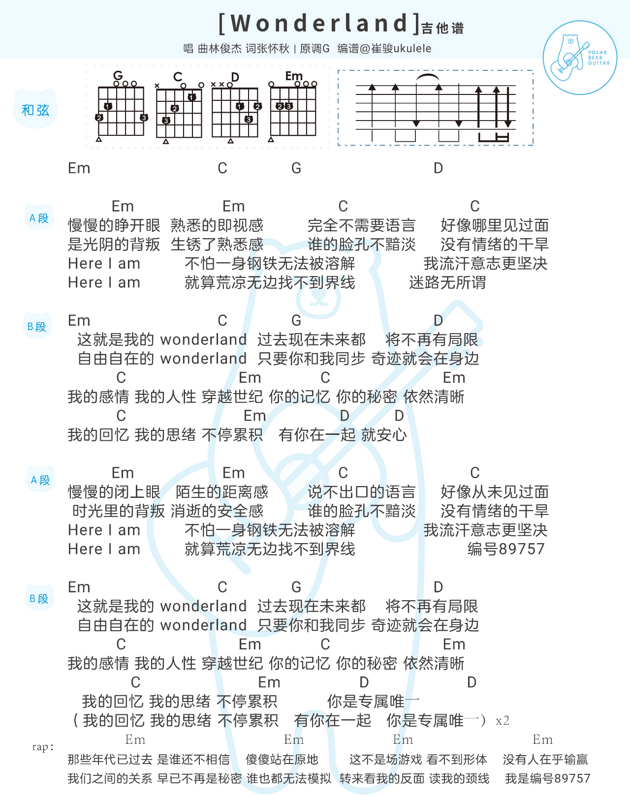 《Wonderland吉他谱》_林俊杰_G调_吉他图片谱1张 图1