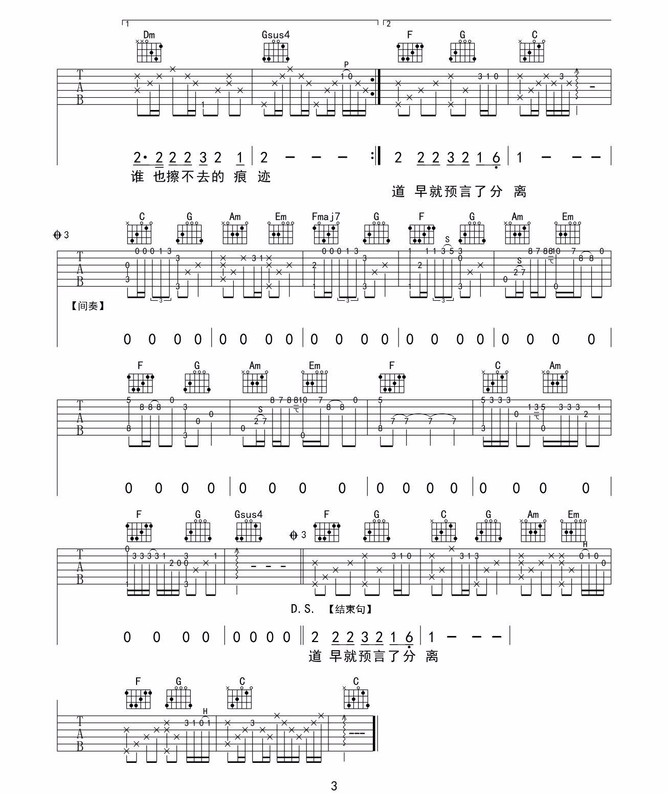 《哭砂吉他谱》_张惠妹_C调_吉他图片谱3张 图3