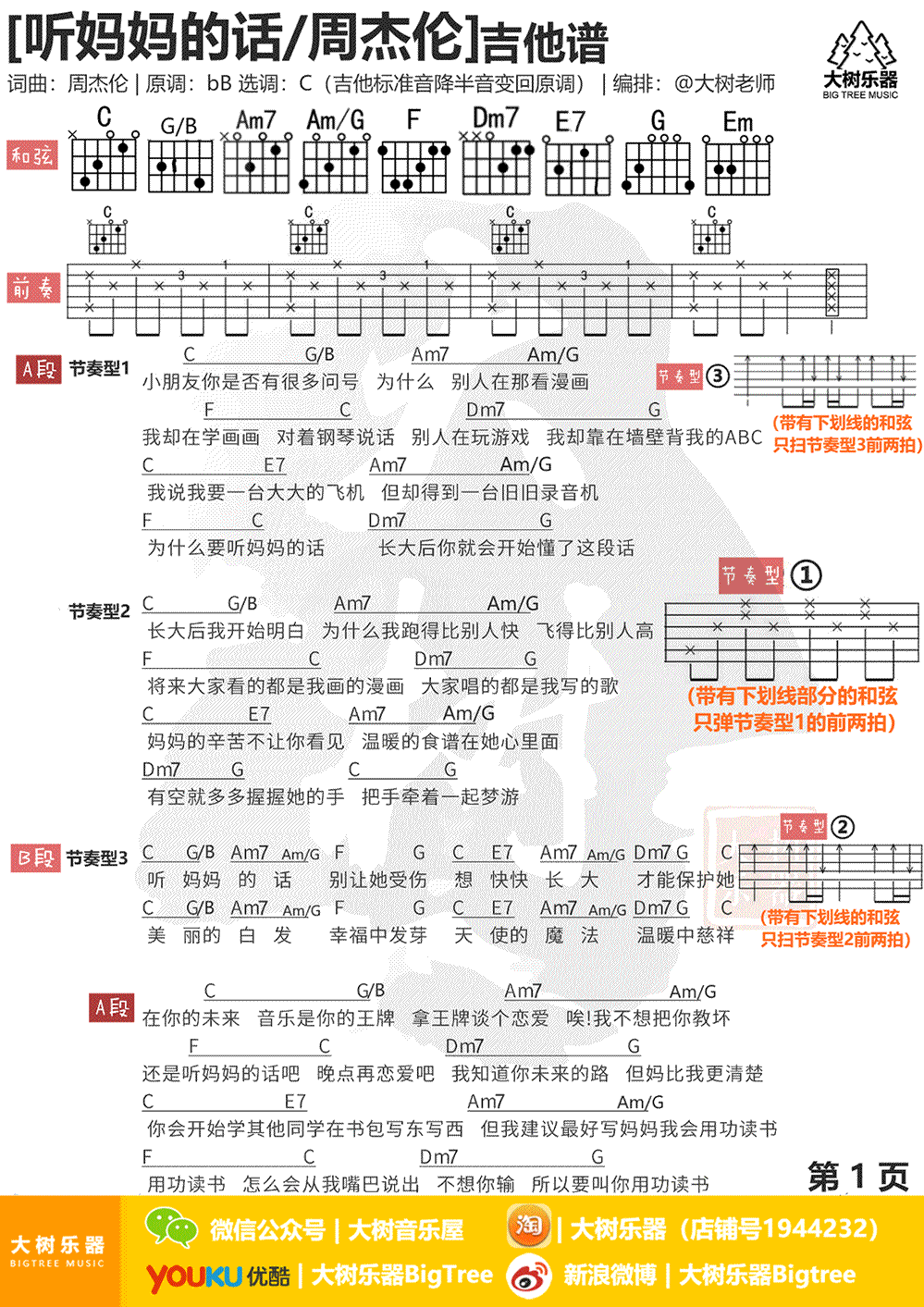 《听妈妈的话吉他谱》_周杰伦_C调_吉他图片谱2张 图1