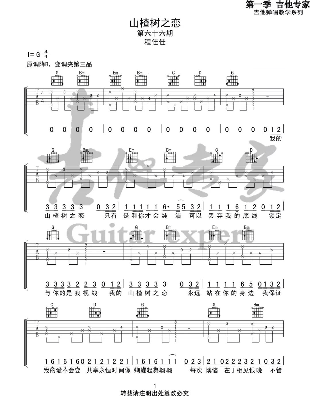 《山楂树之恋吉他谱》_程佳佳_X调_吉他图片谱5张 图1