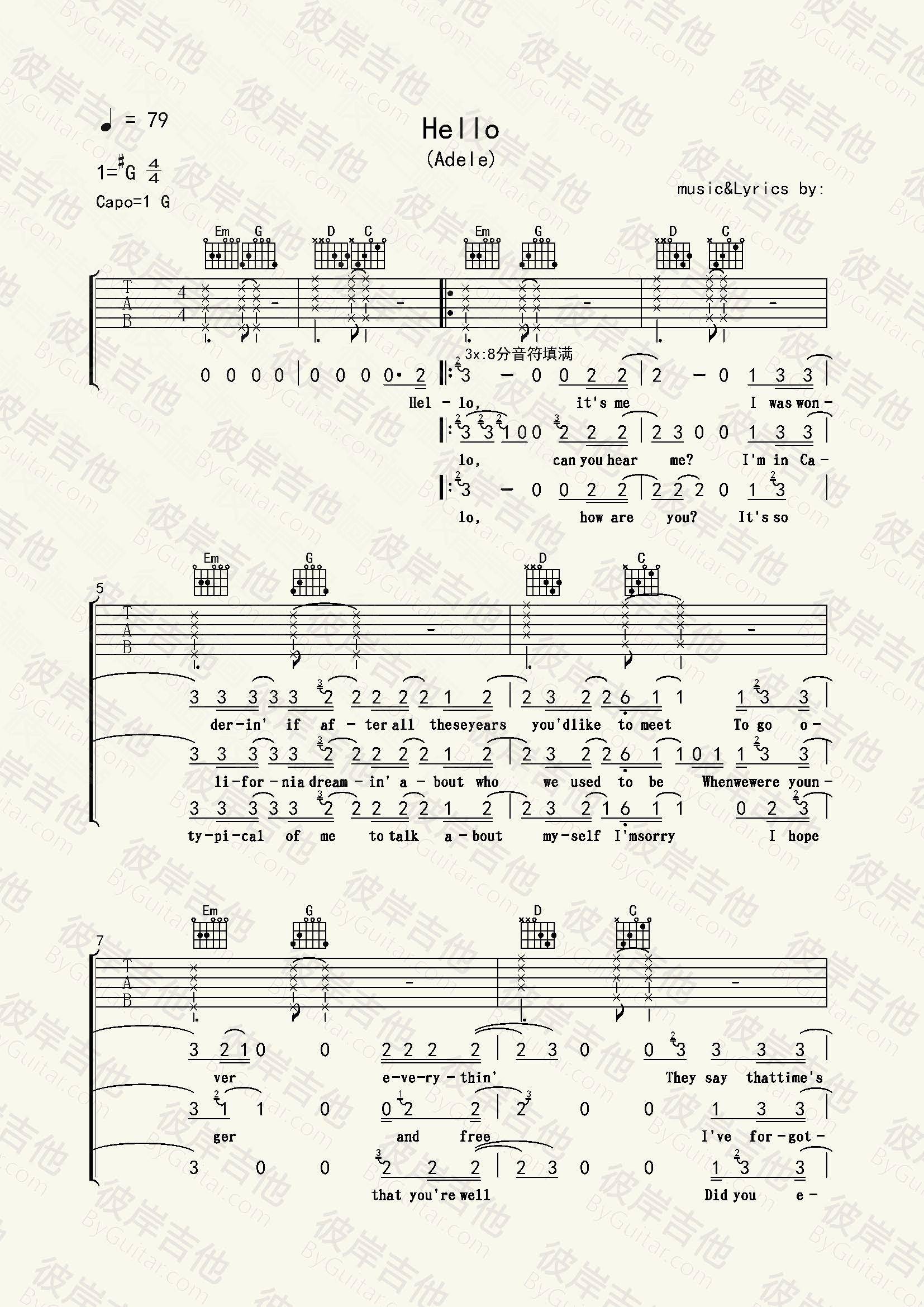 《Hello吉他谱》_阿黛尔_G调_吉他图片谱3张 图1