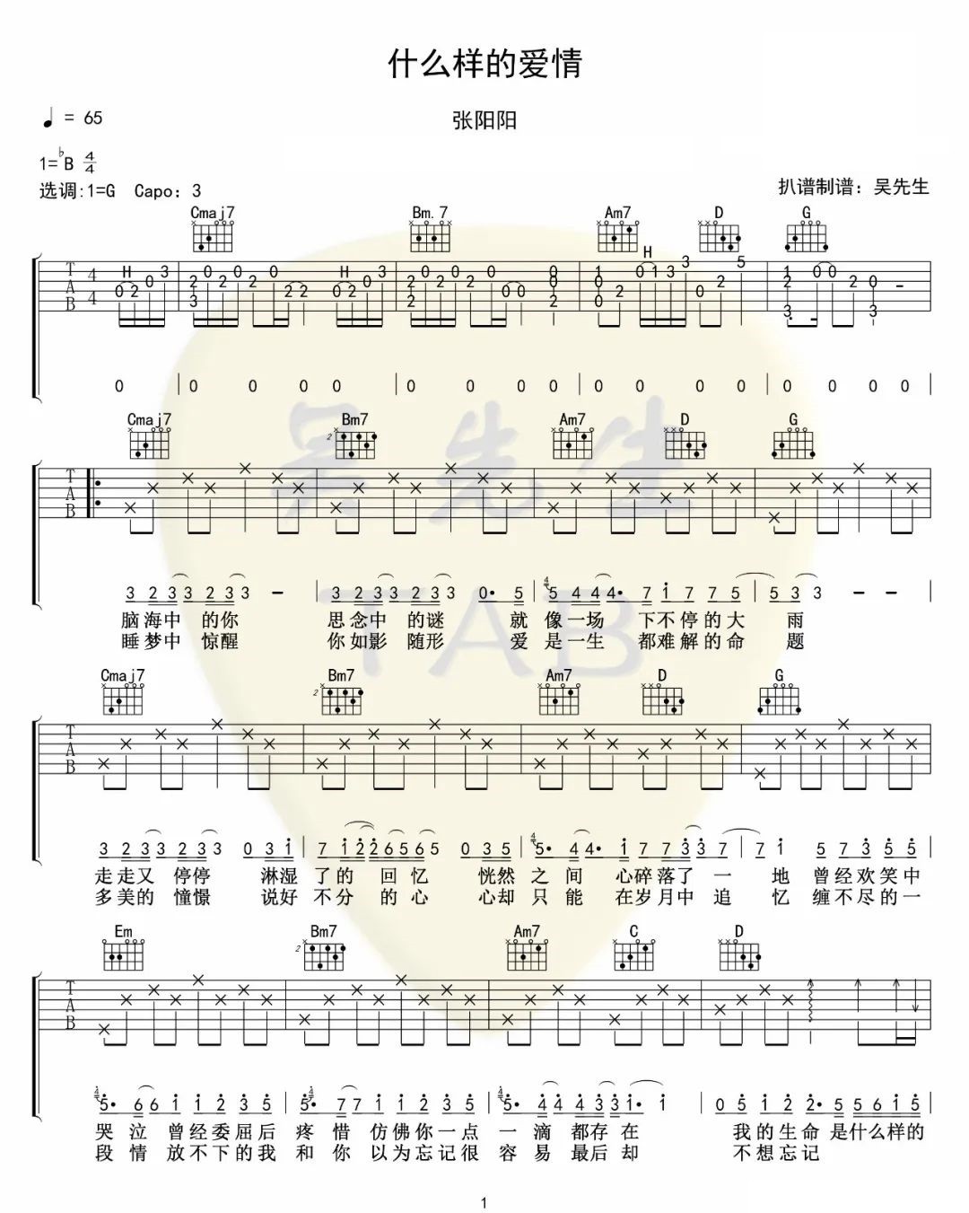 《什么样的爱情吉他谱》_张阳阳_G调_吉他图片谱3张 图1