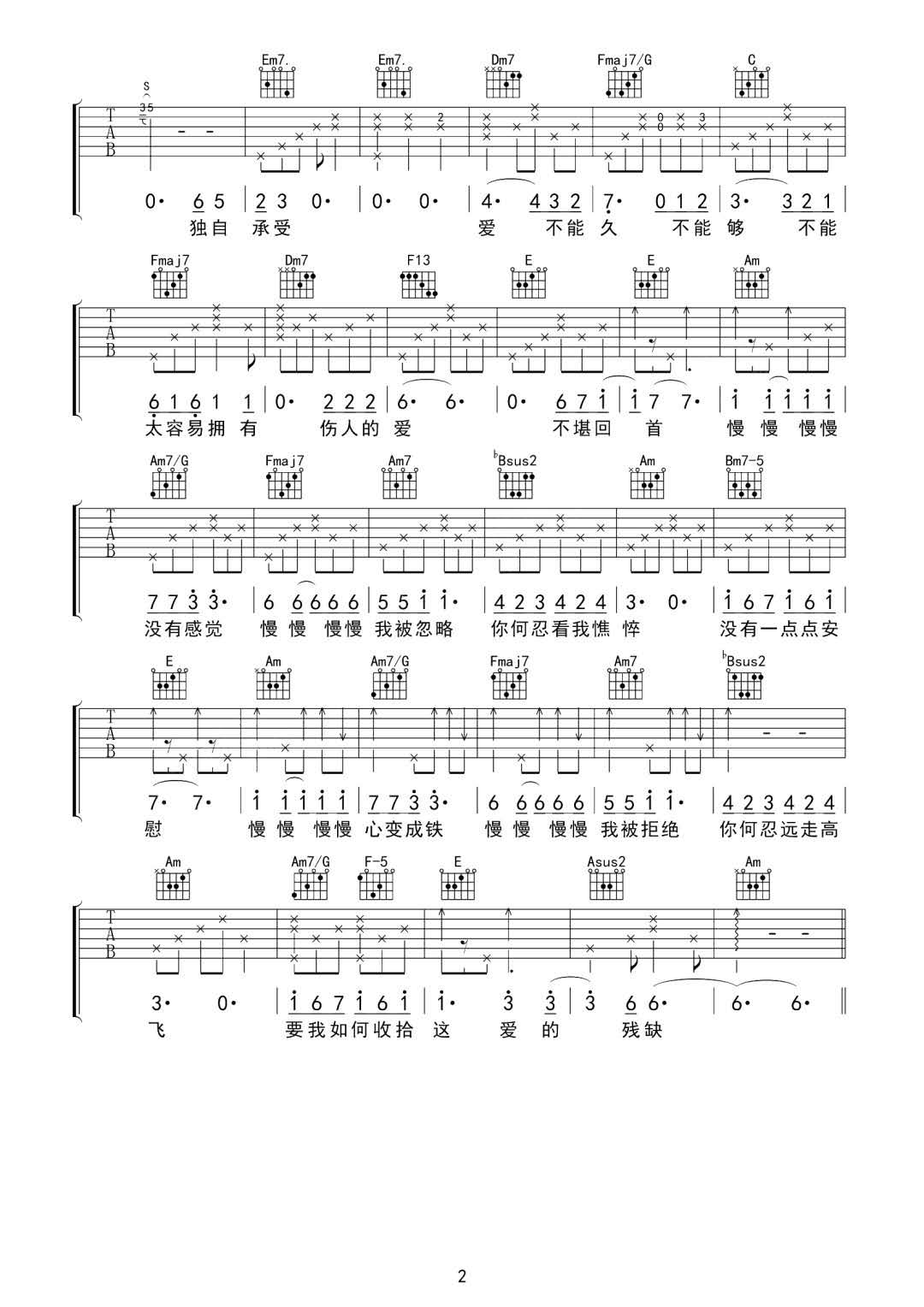 《慢慢吉他谱》_张学友_C调_吉他图片谱2张 图2