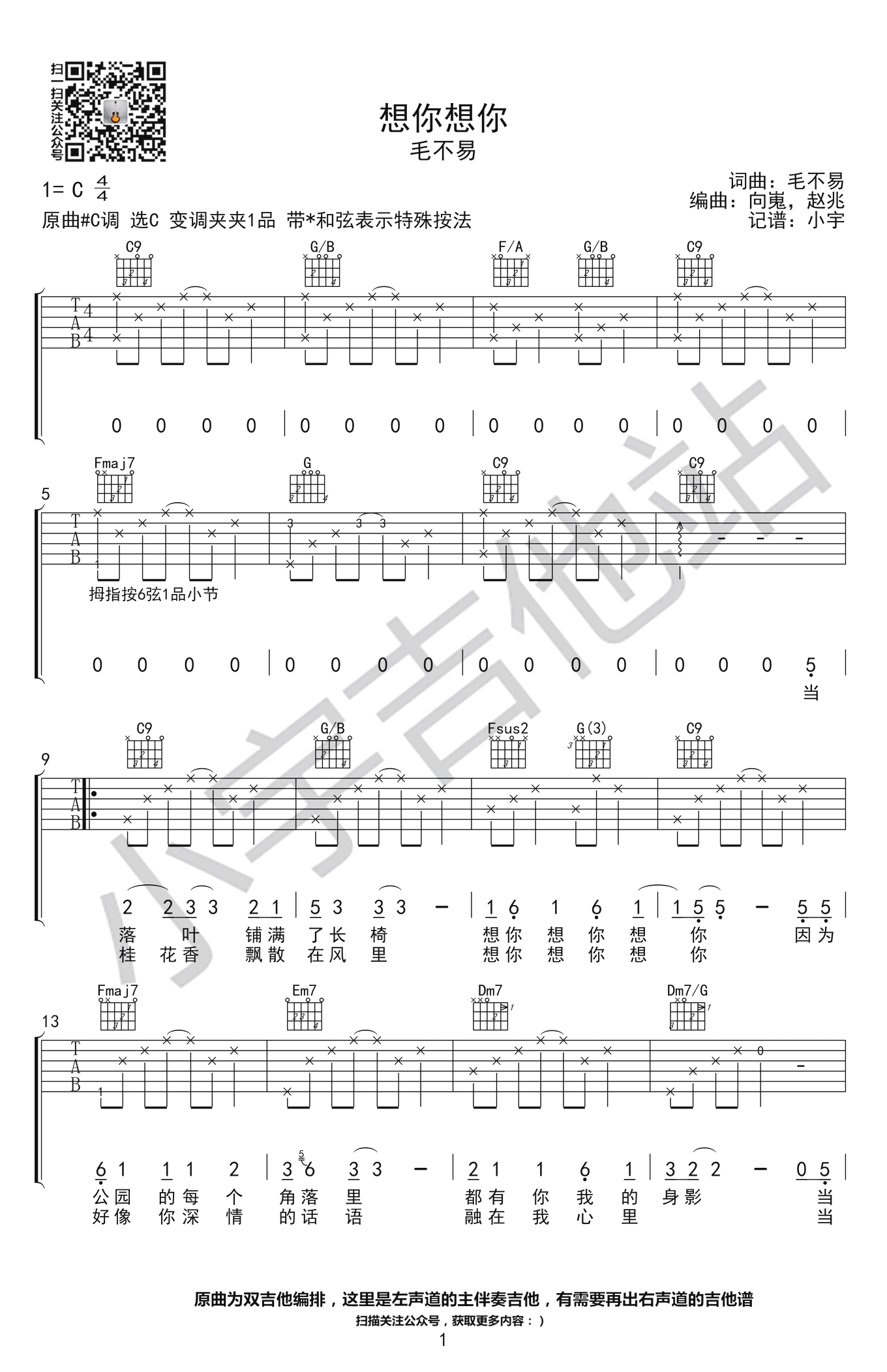 《想你想你吉他谱》_毛不易_C调_吉他图片谱3张 图1
