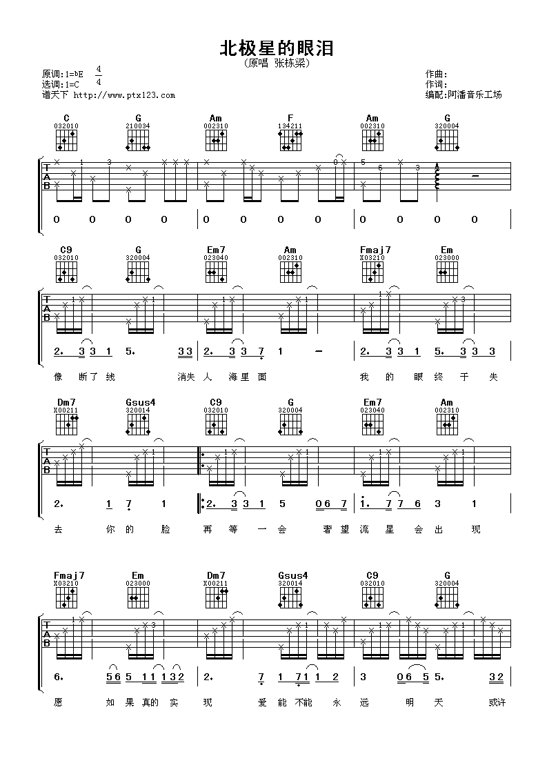 《北极星的眼泪吉他谱》_张栋梁_C调_吉他图片谱3张 图1