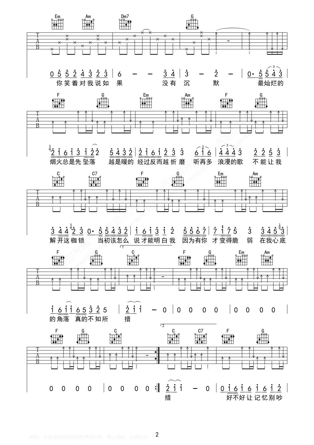 《不知所措吉他谱》_王靖雯不胖_C调_吉他图片谱3张 图2