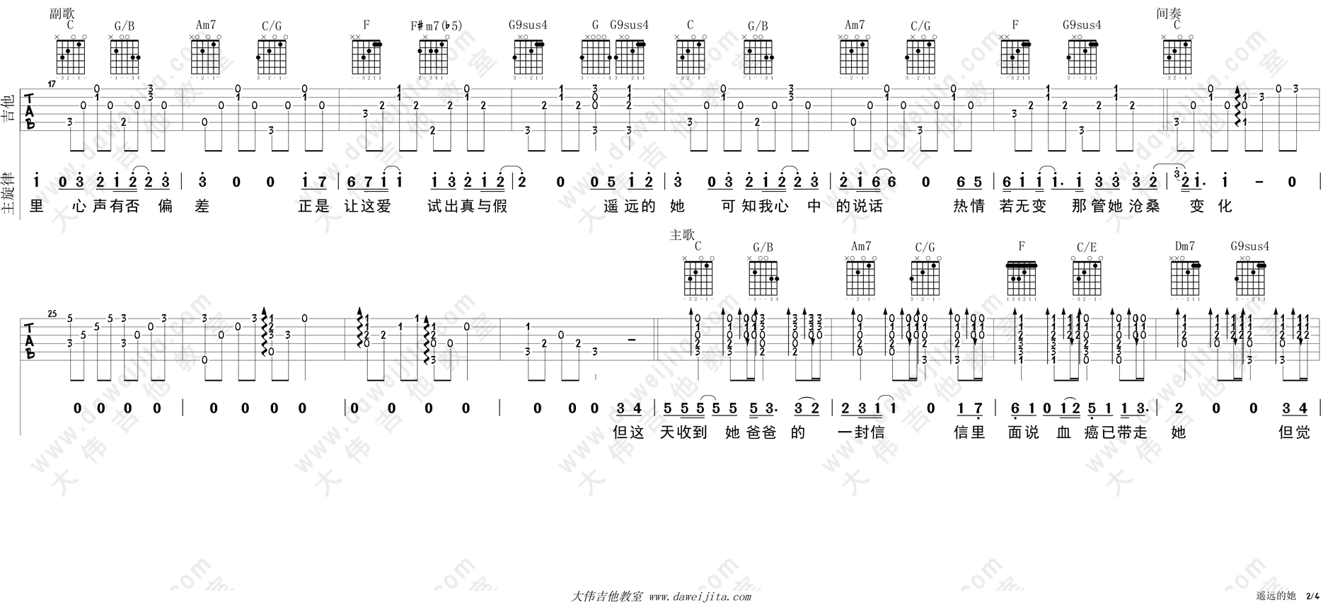 《遥远的她吉他谱》_陈奕迅_C调_吉他图片谱4张 图2