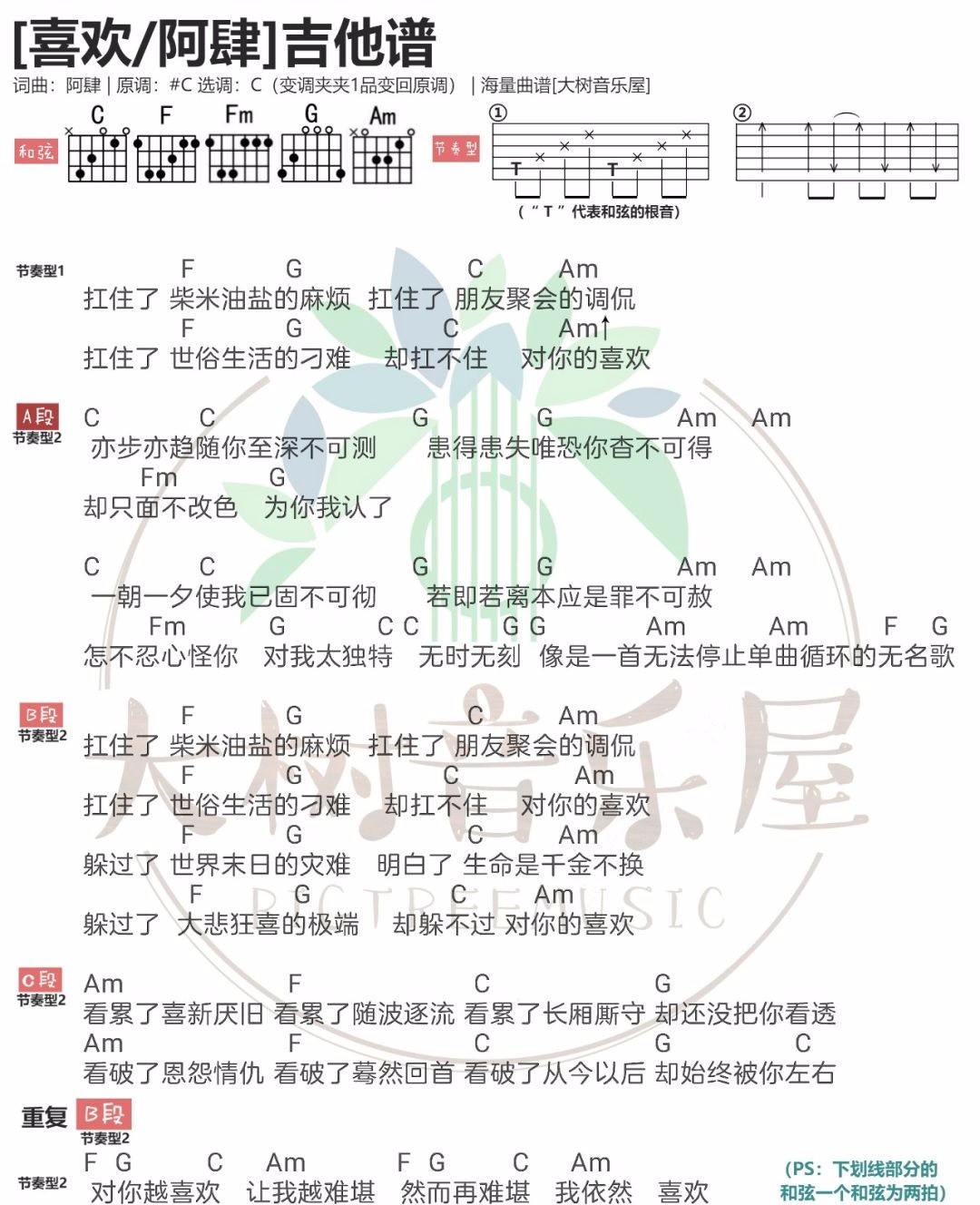 《喜欢吉他谱》_阿肆_C调_吉他图片谱1张 图1