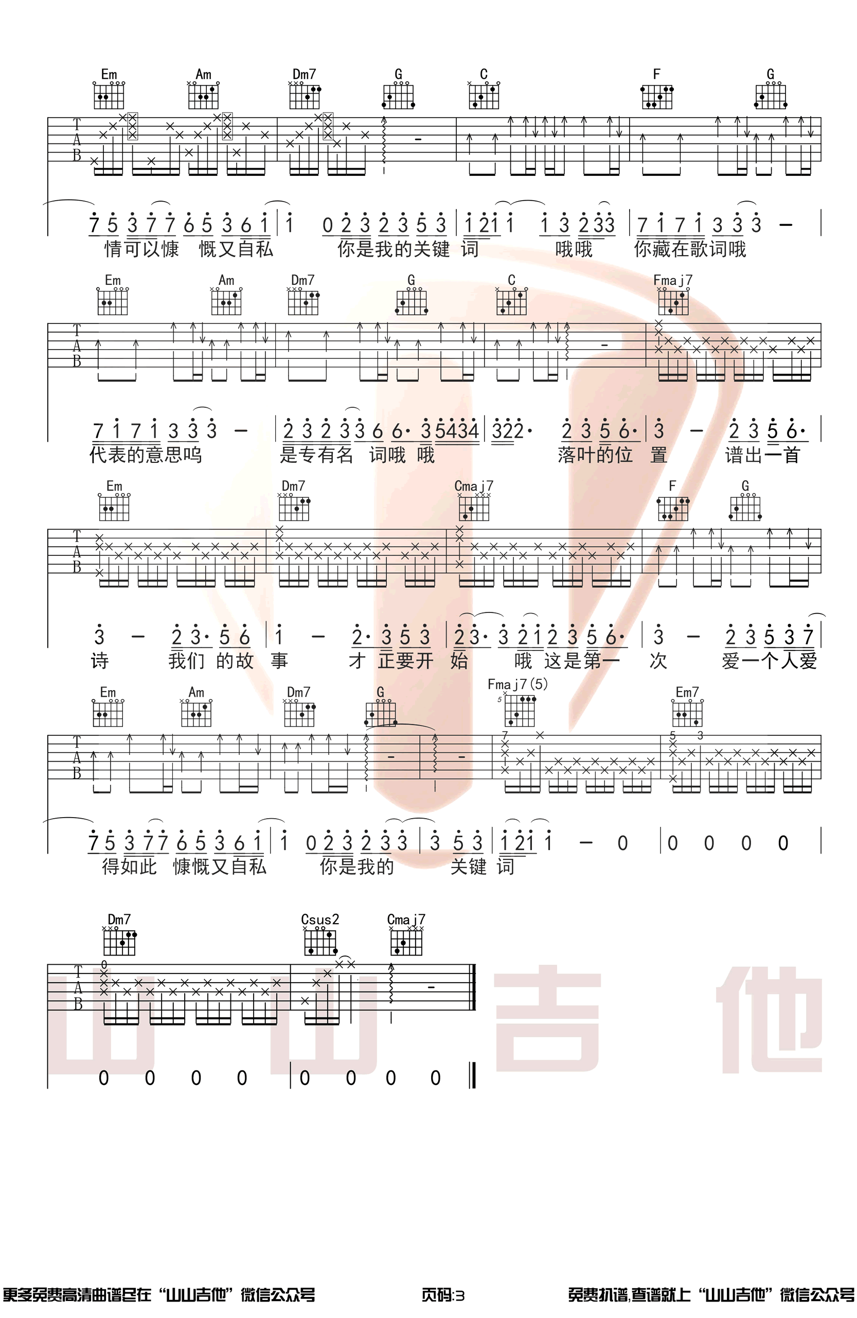 《关键词吉他谱》_林俊杰_C调_吉他图片谱3张 图3