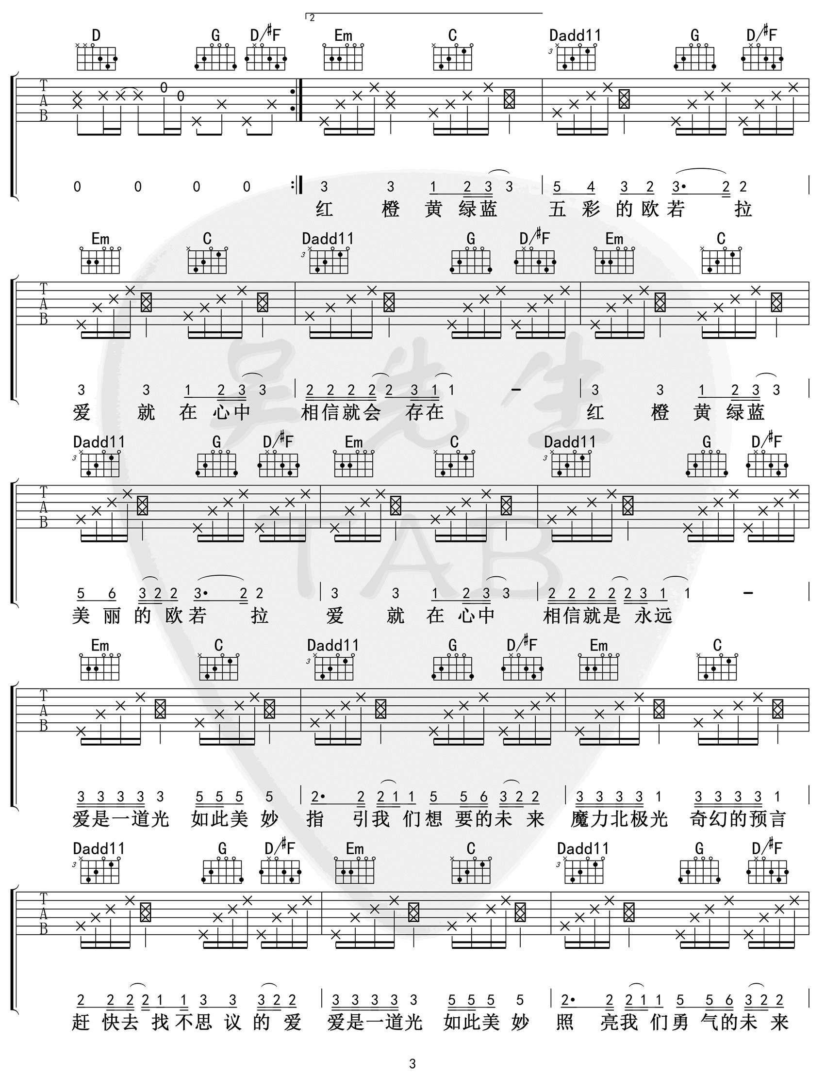 《欧若拉吉他谱》_张韶涵_G调_吉他图片谱4张 图3