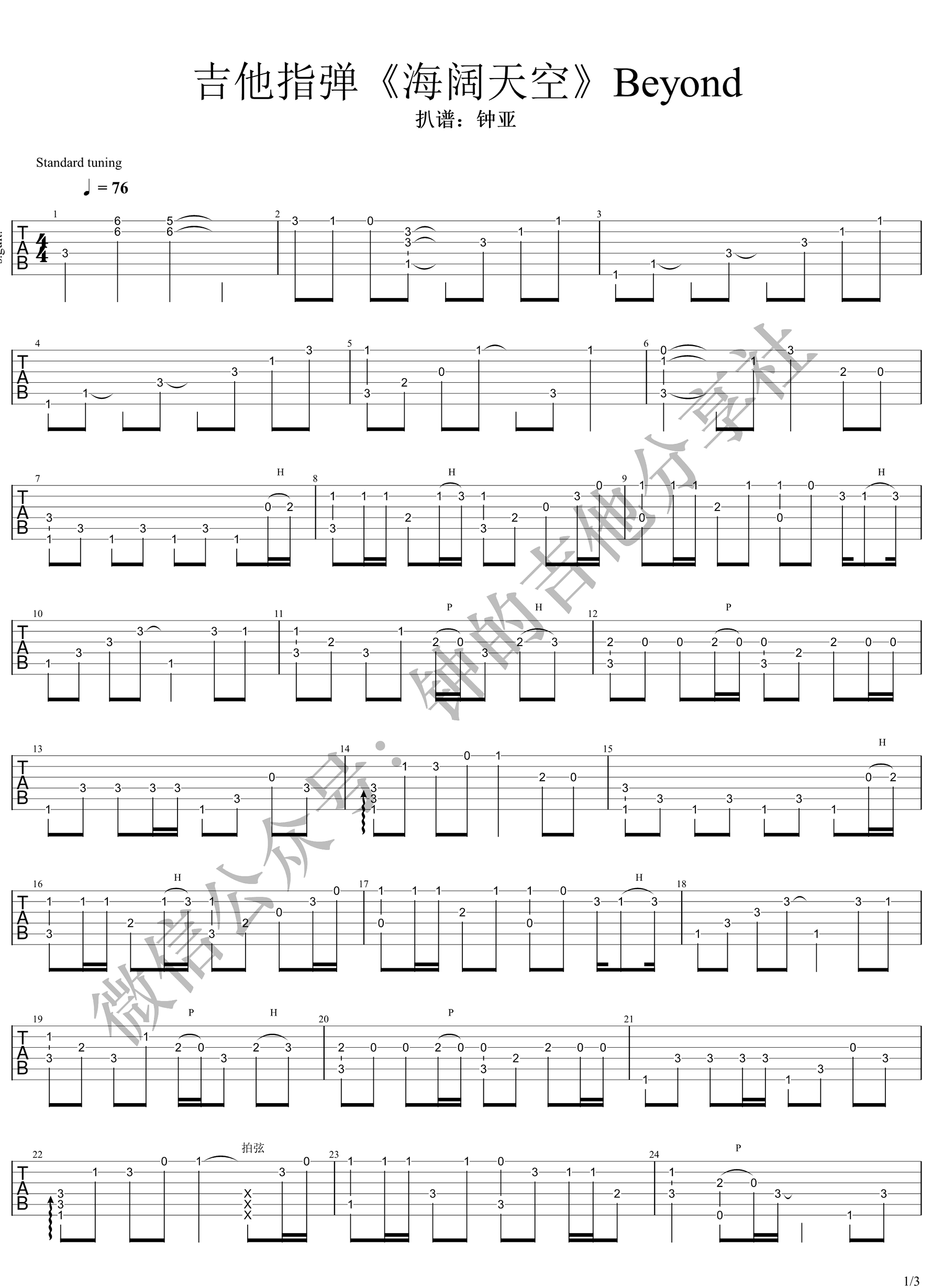 《海阔天空吉他谱》_Beyond_X调_吉他图片谱3张 图1