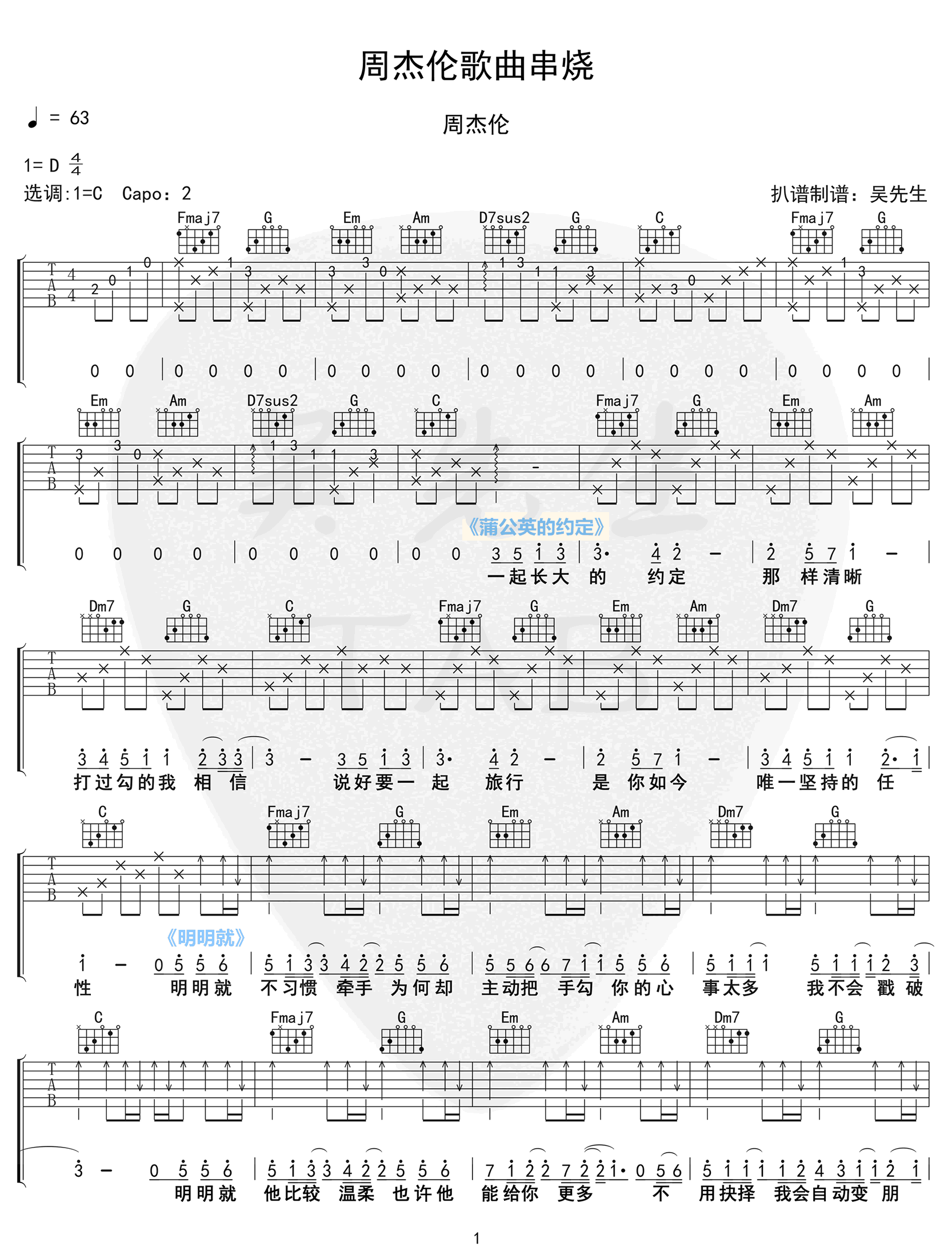 《歌曲串烧吉他谱》_周杰伦_C调_吉他图片谱4张 图1
