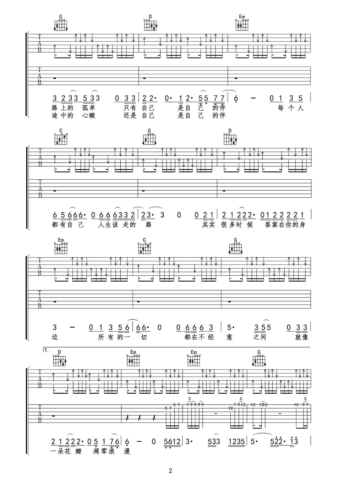 《该走的路吉他谱》_冷漠_G调_吉他图片谱3张 图2
