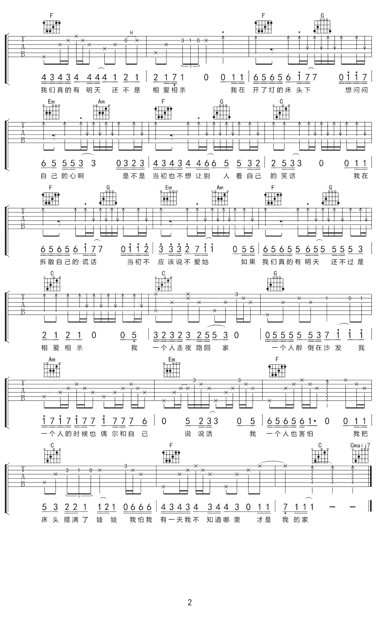 《关于孤独我想说的话吉他谱》_隔壁老樊_C调_吉他图片谱2张 图2