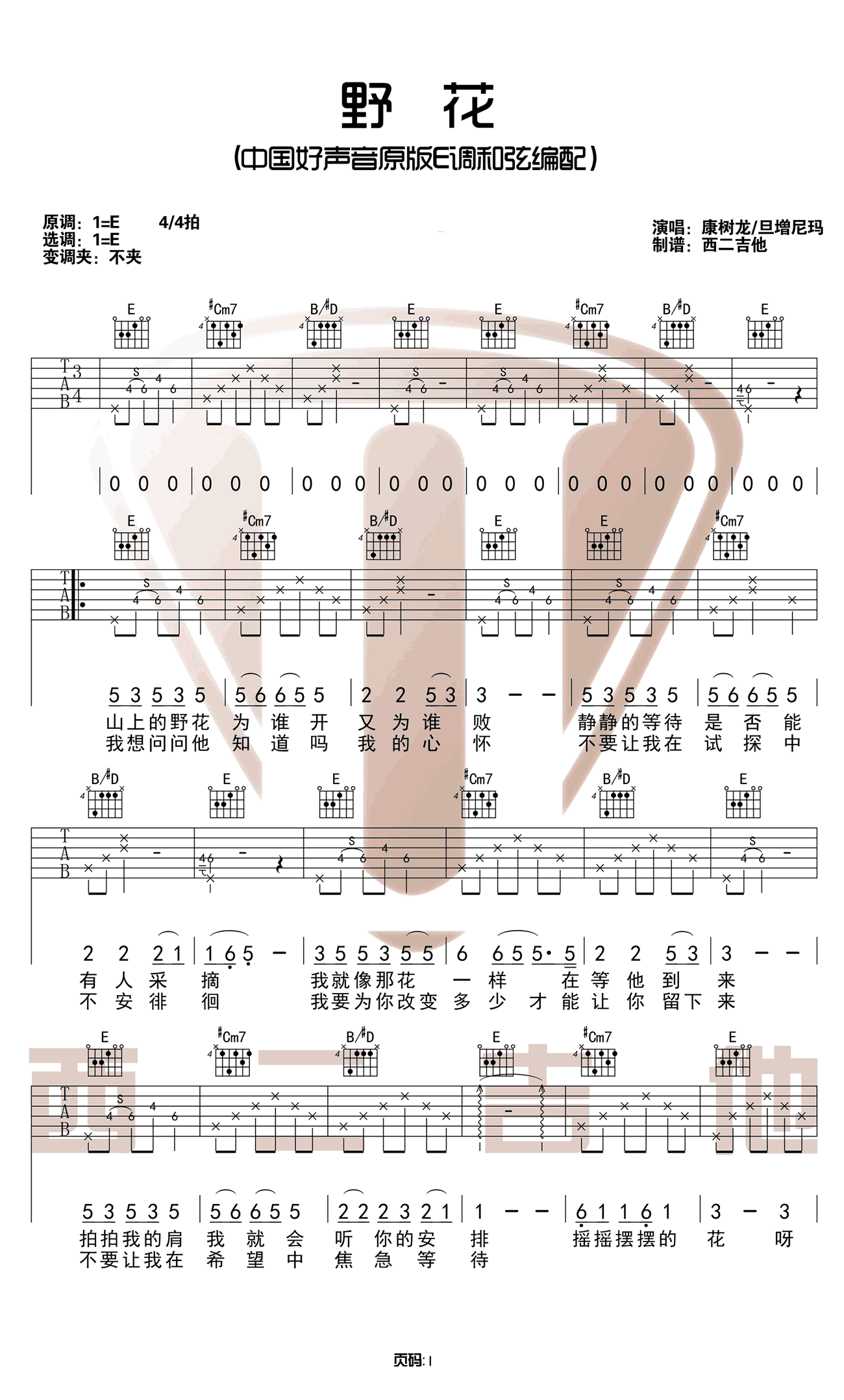 《野花吉他谱》_康树龙_E调_吉他图片谱3张 图1