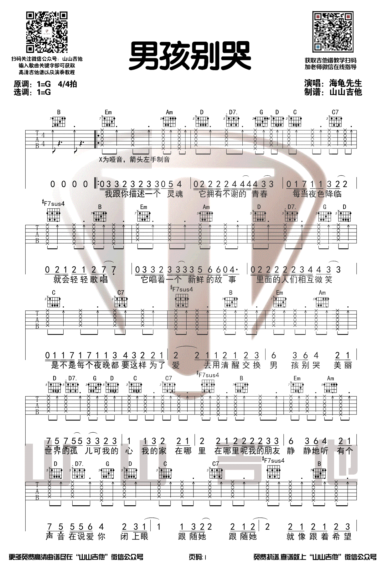 《男孩别哭吉他谱》_欧阳娜娜_G调_吉他图片谱3张 图1