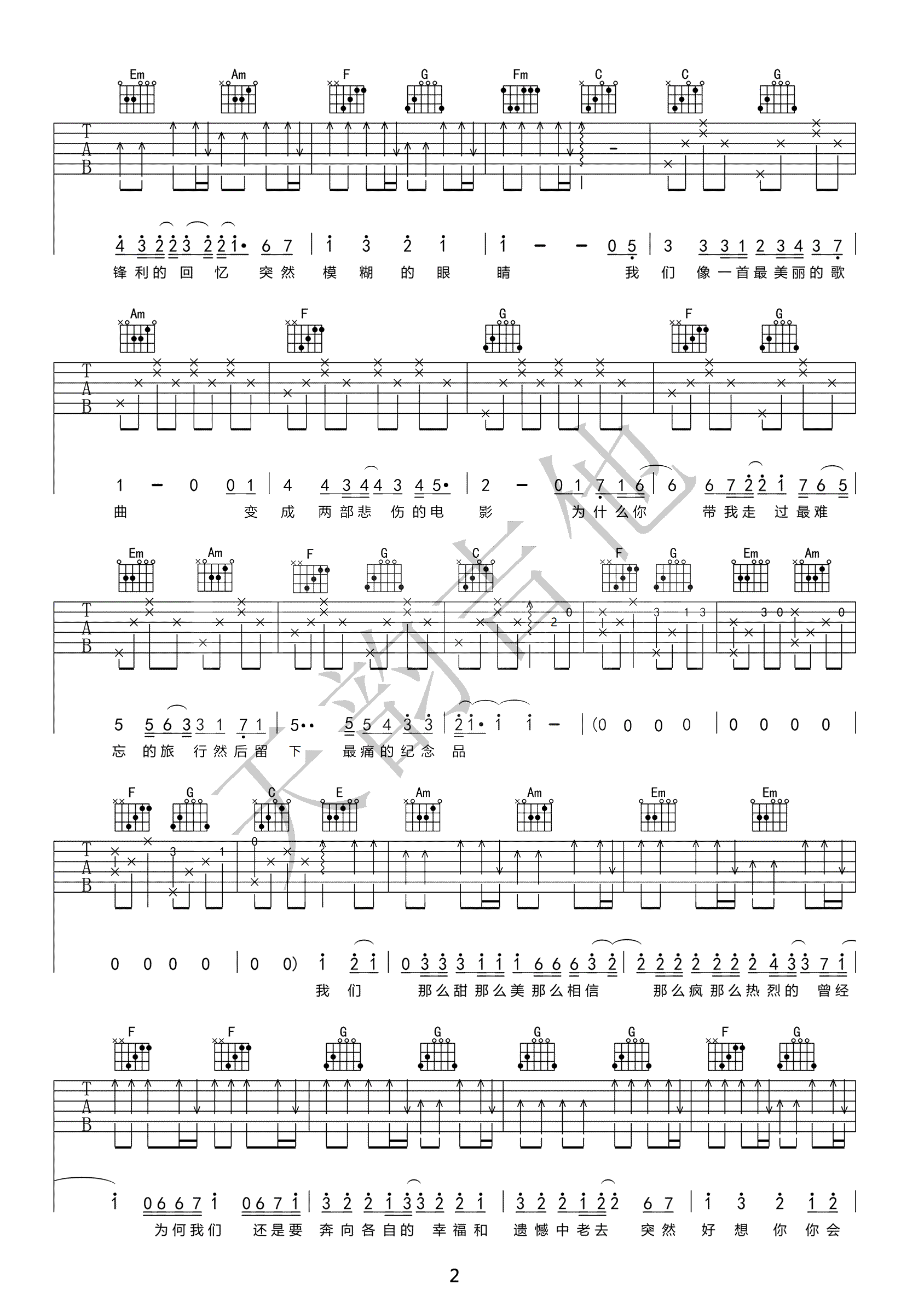 《突然好想你吉他谱》_五月天_C调_吉他图片谱3张 图2