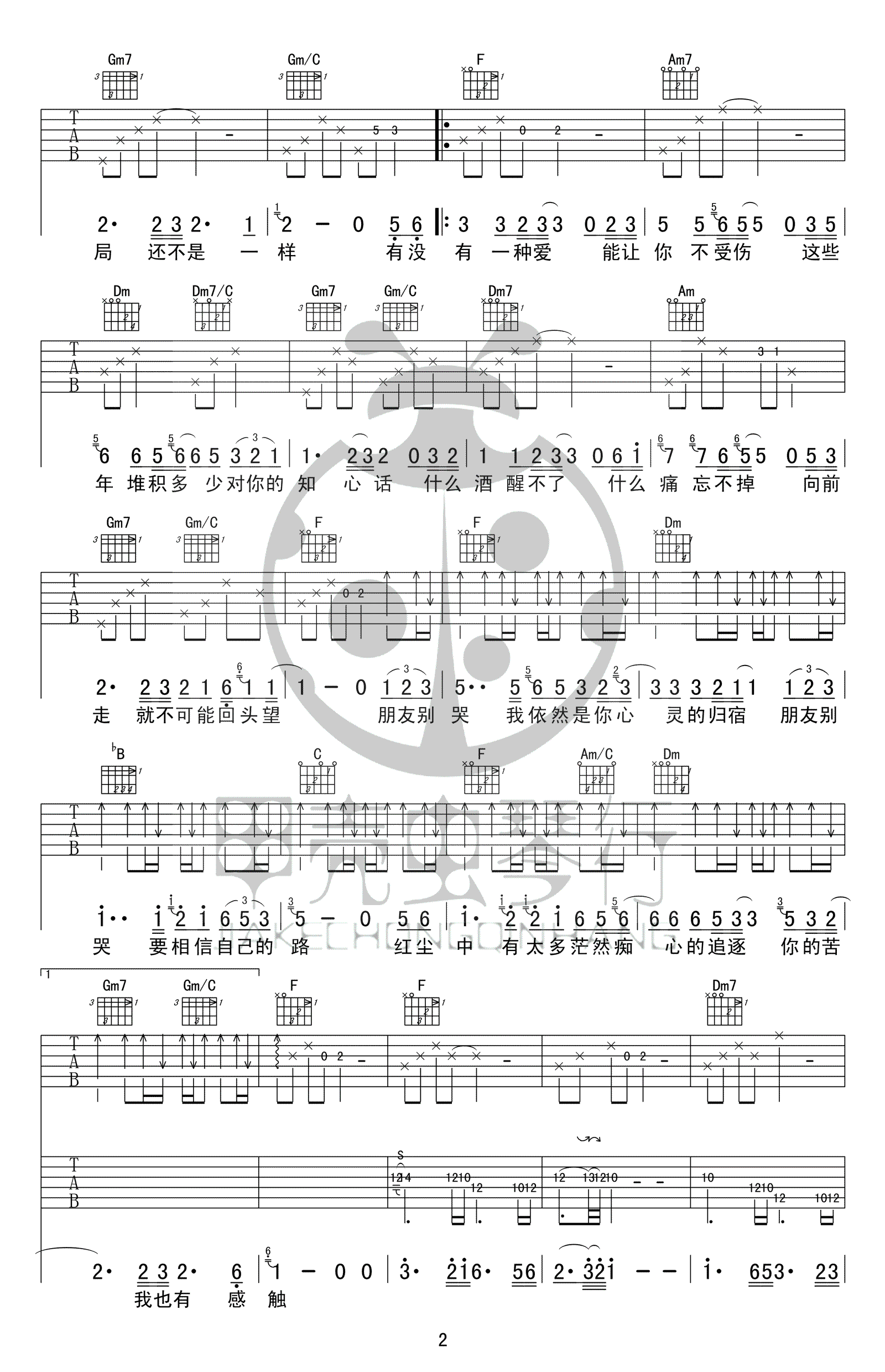 《朋友别哭吉他谱》_吕方_F调_吉他图片谱4张 图2