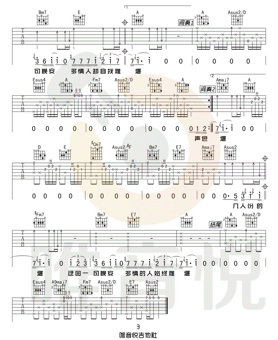 《晚安吉他谱》_颜人中_A调_吉他图片谱3张 图3