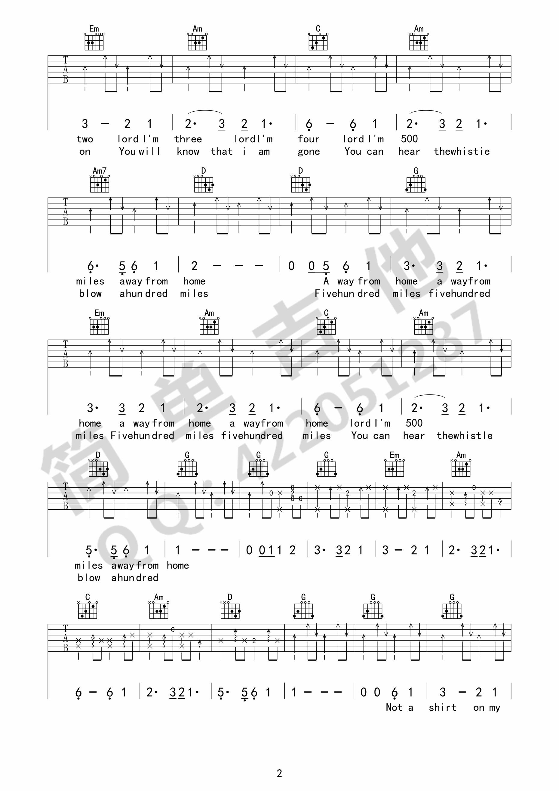 《500miles吉他谱》_佚名_G调_吉他图片谱3张 图2