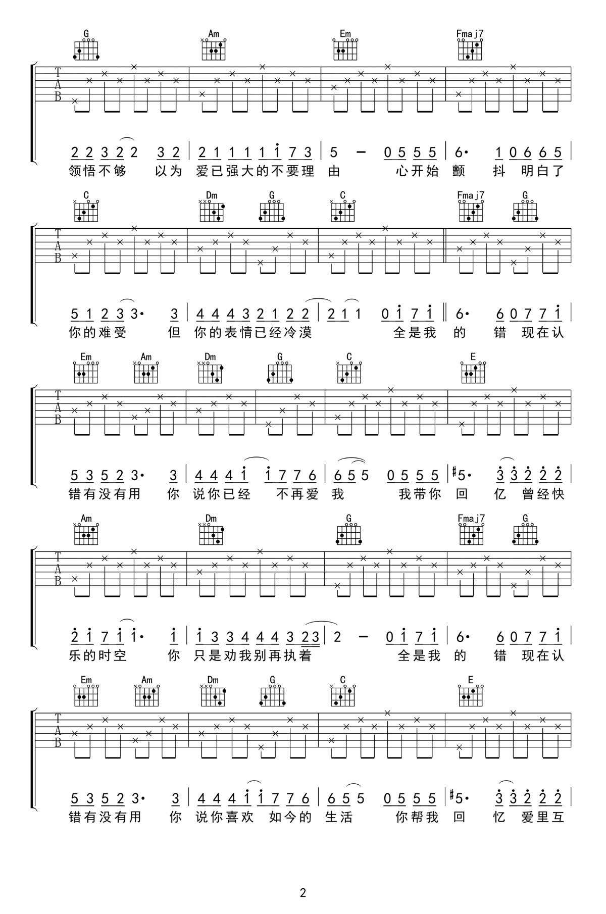 《认错吉他谱》_许嵩_C调_吉他图片谱3张 图2