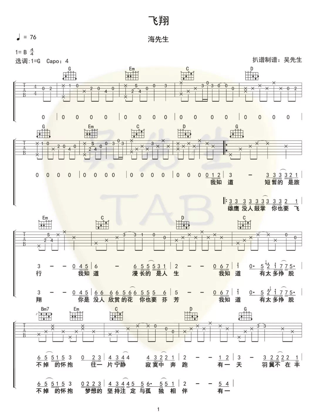 《飞翔吉他谱》_海先生_G调_吉他图片谱4张 图1
