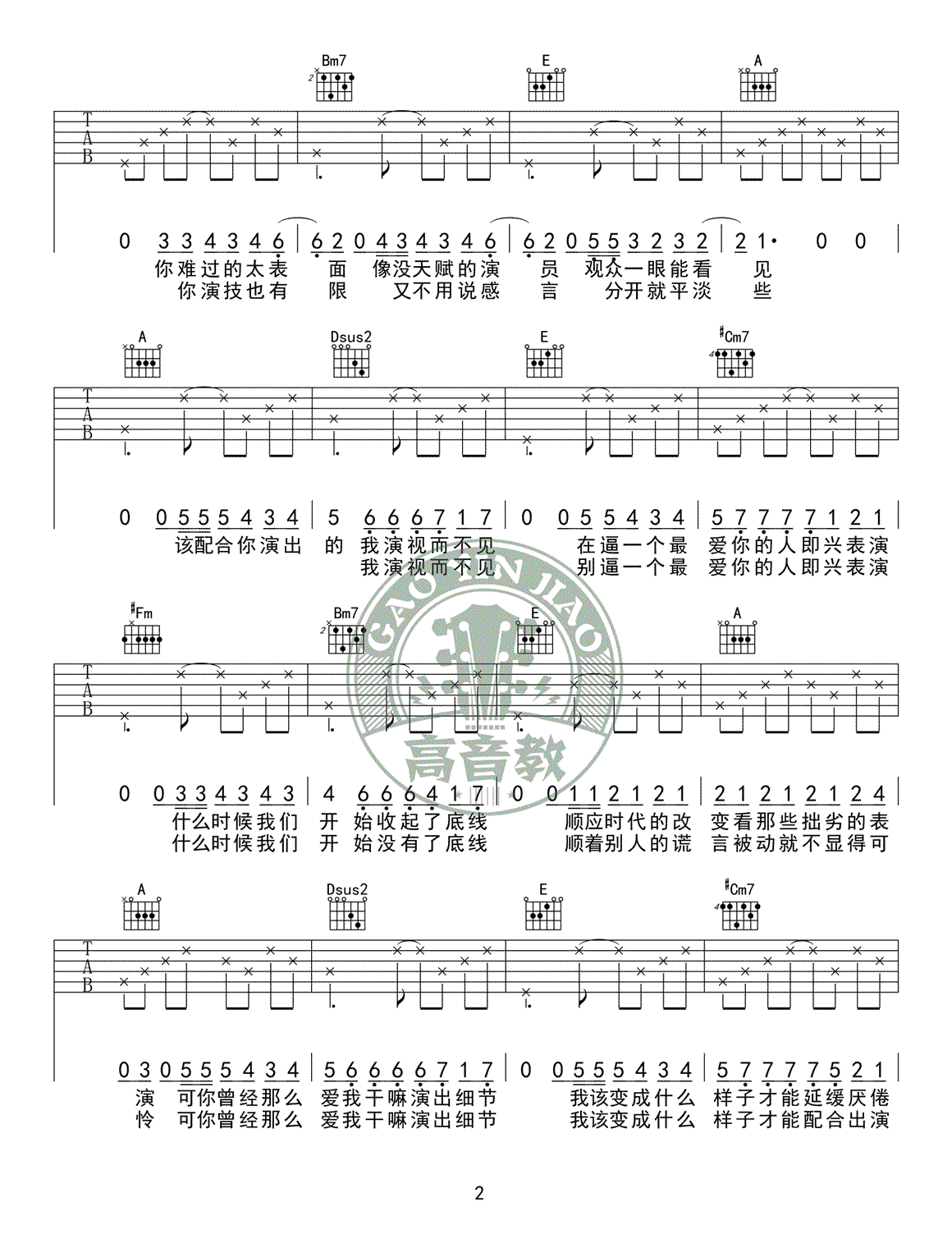 《演员吉他谱》_薛之谦_A调_吉他图片谱4张 图2