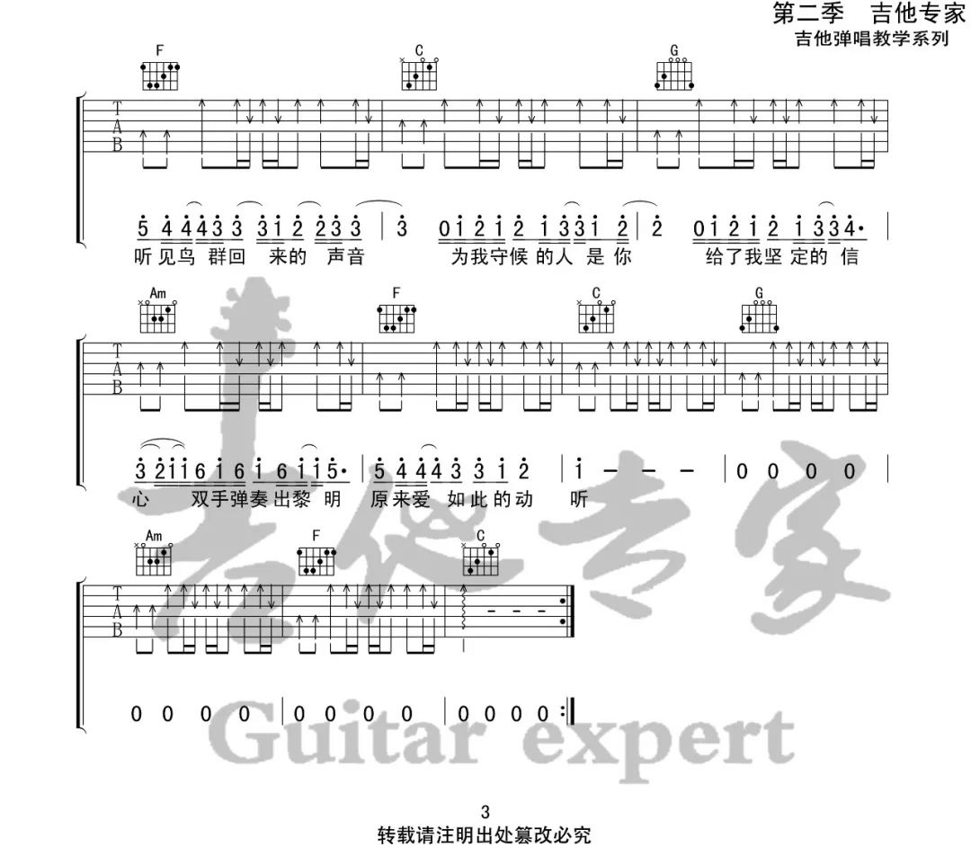 《我相信》吉他谱,简单C调弹唱教学,原版杨培安歌曲,5张六线指弹简谱图 - 指弹简谱 - 吴京吉它谱