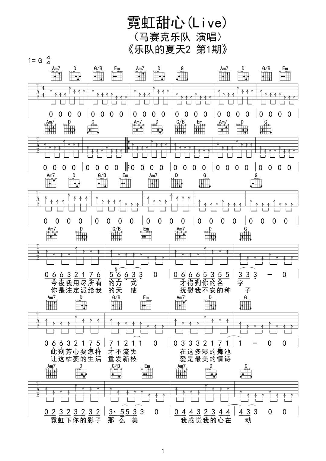 《霓虹甜心吉他谱》_马赛克乐队_G调_吉他图片谱3张 图1