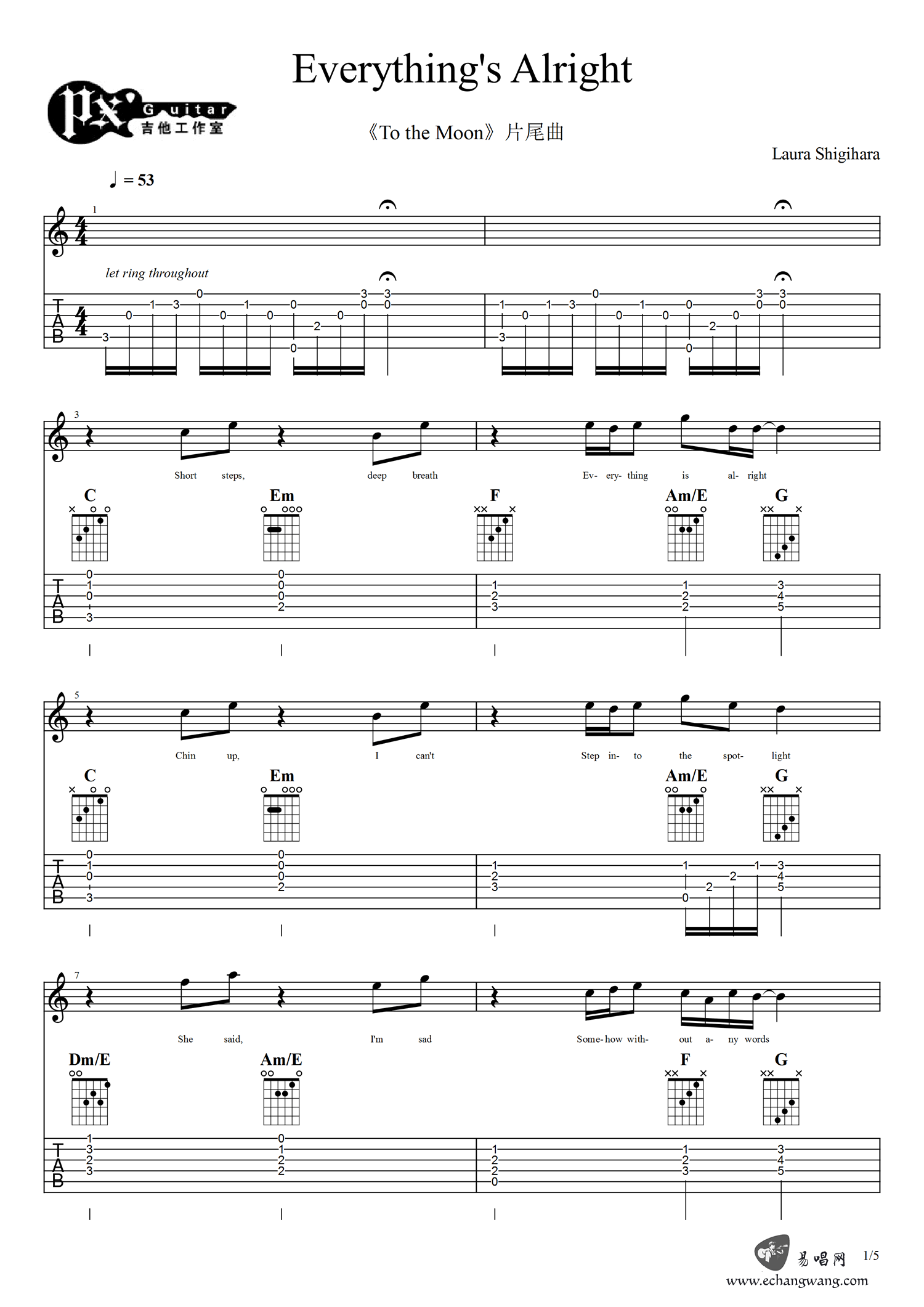 《Everything's Alright吉他谱》_佚名_C调_吉他图片谱5张 图1