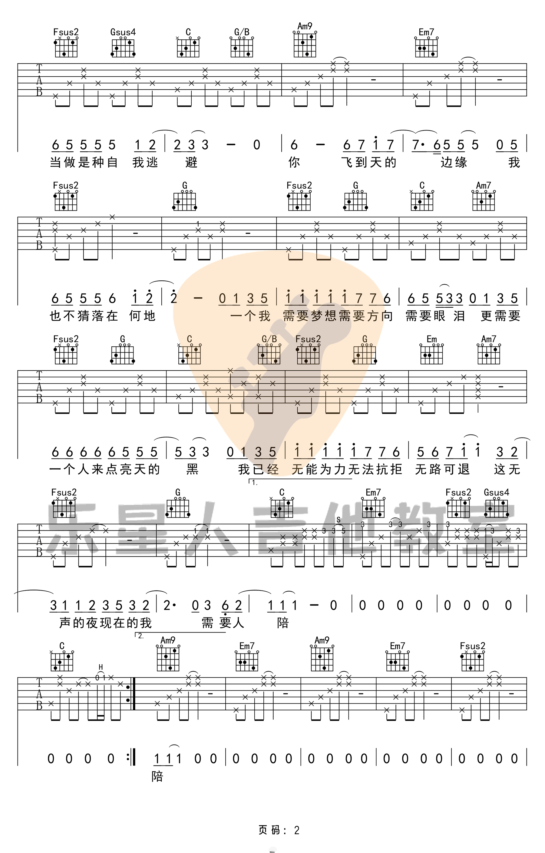 《需要人陪吉他谱》_王力宏_C调_吉他图片谱3张 图2