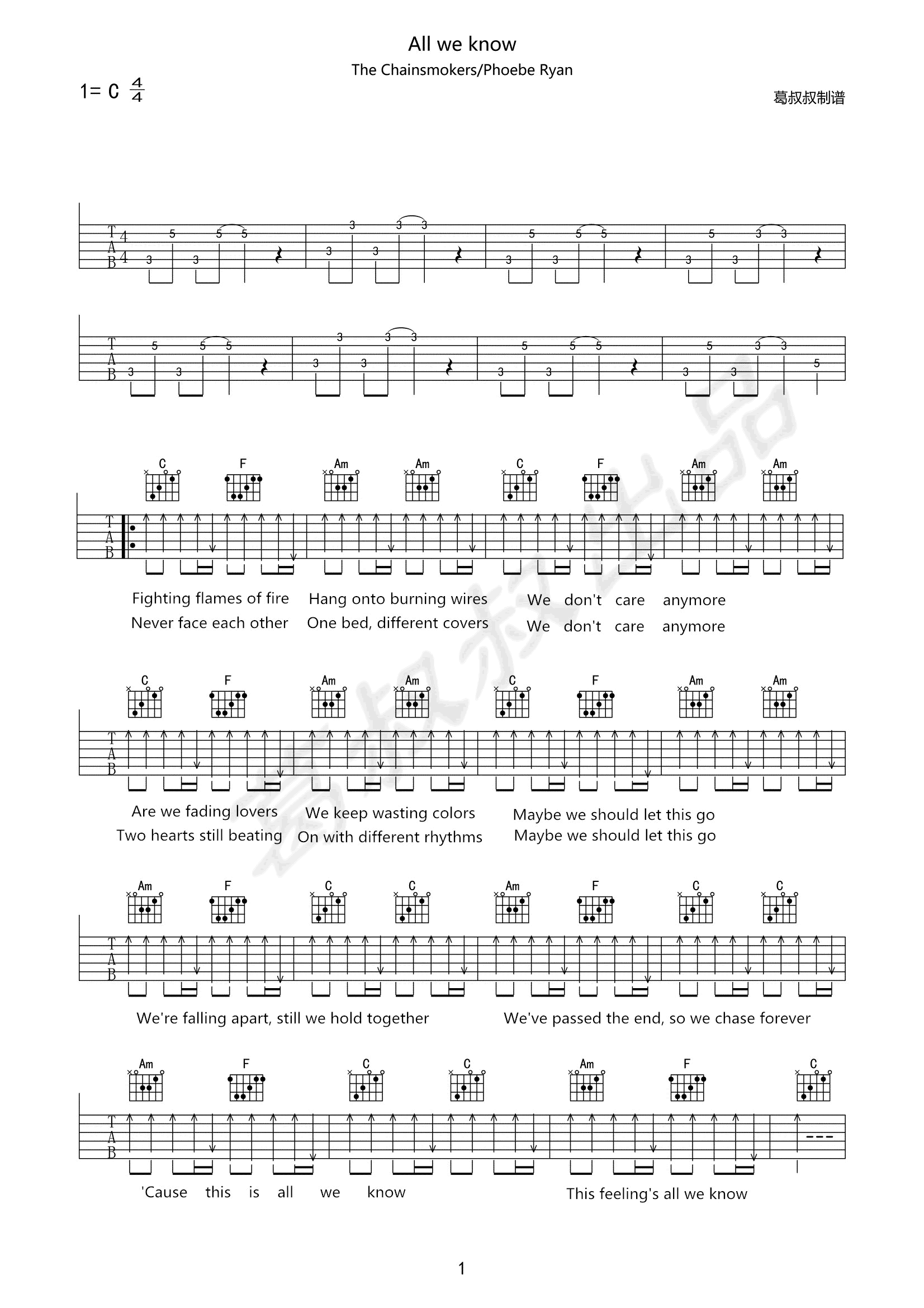 《All We Know吉他谱》_烟鬼组合_C调_吉他图片谱2张 图1