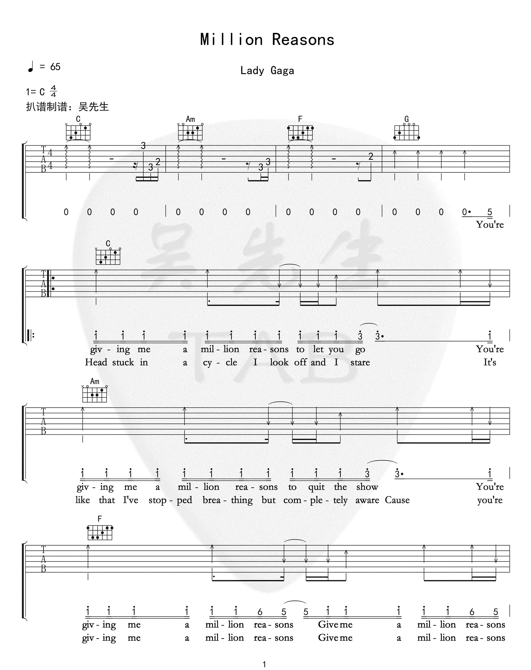 《Million Reasons吉他谱》_Lady Gaga_C调_吉他图片谱5张 图1
