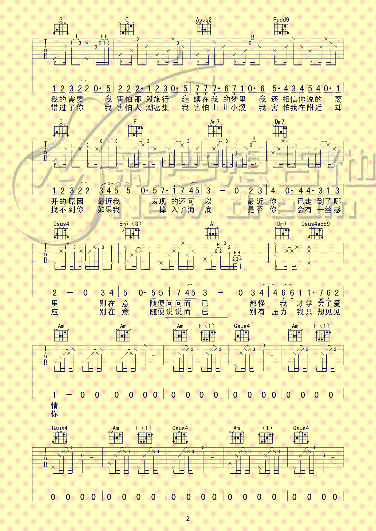 《我害怕吉他谱》_薛之谦_C调_吉他图片谱3张 图2
