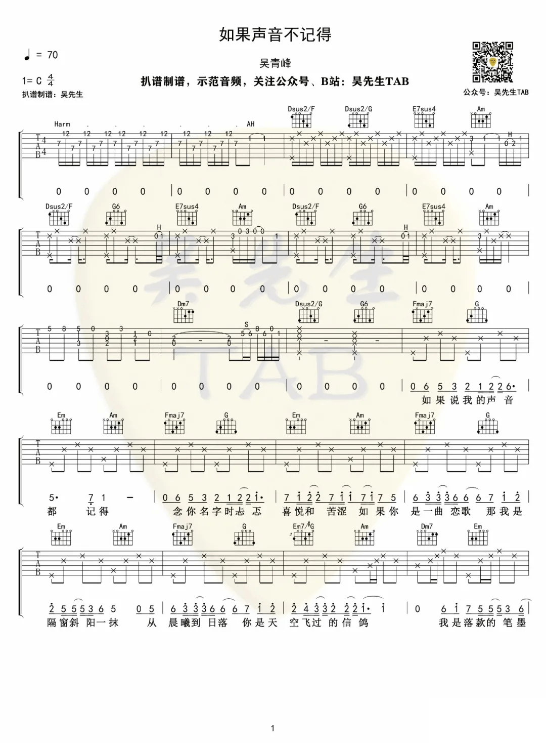 《如果声音不记得吉他谱》_吴青峰_C调_吉他图片谱4张 图1